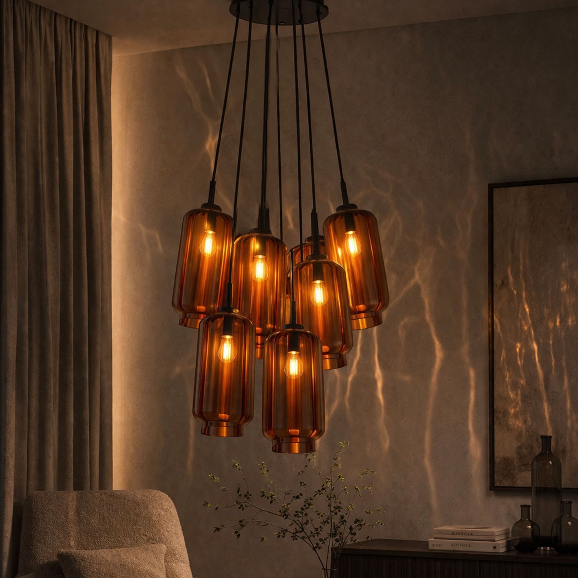 s.luce Pendelleuchte s.luce Velo Cluster Glas-Pendelleuchte 7-flammig 7x18cm Braun