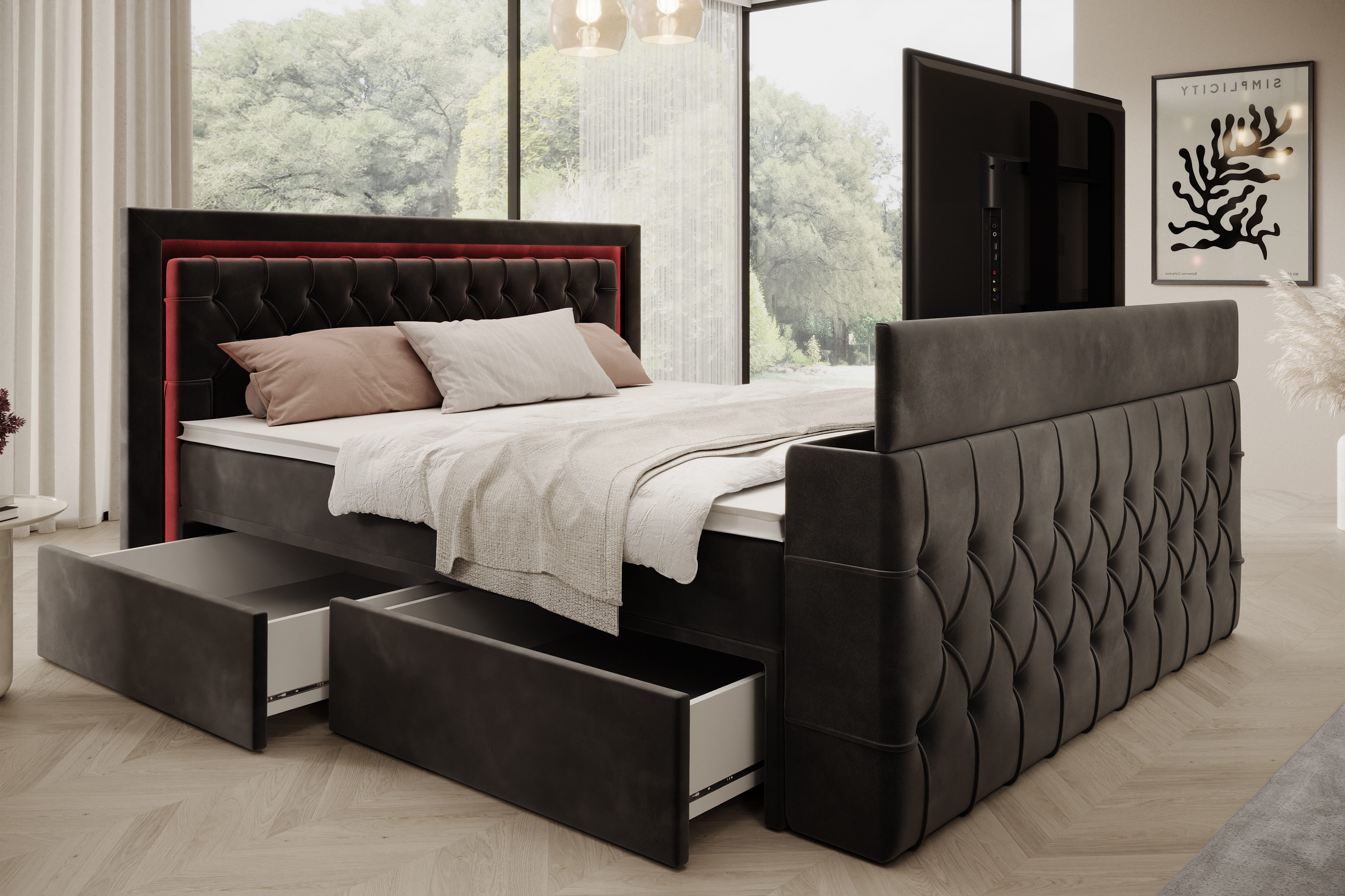 PROMETO Möbel Boxspringbett Doppelbett 180x200 mit Matratze, Schubladen TV-Lift LED Beleuchtung, inkl. 7-Zonen-Taschenfederkernmatratze, TV-Lift im Fußteil, Topper