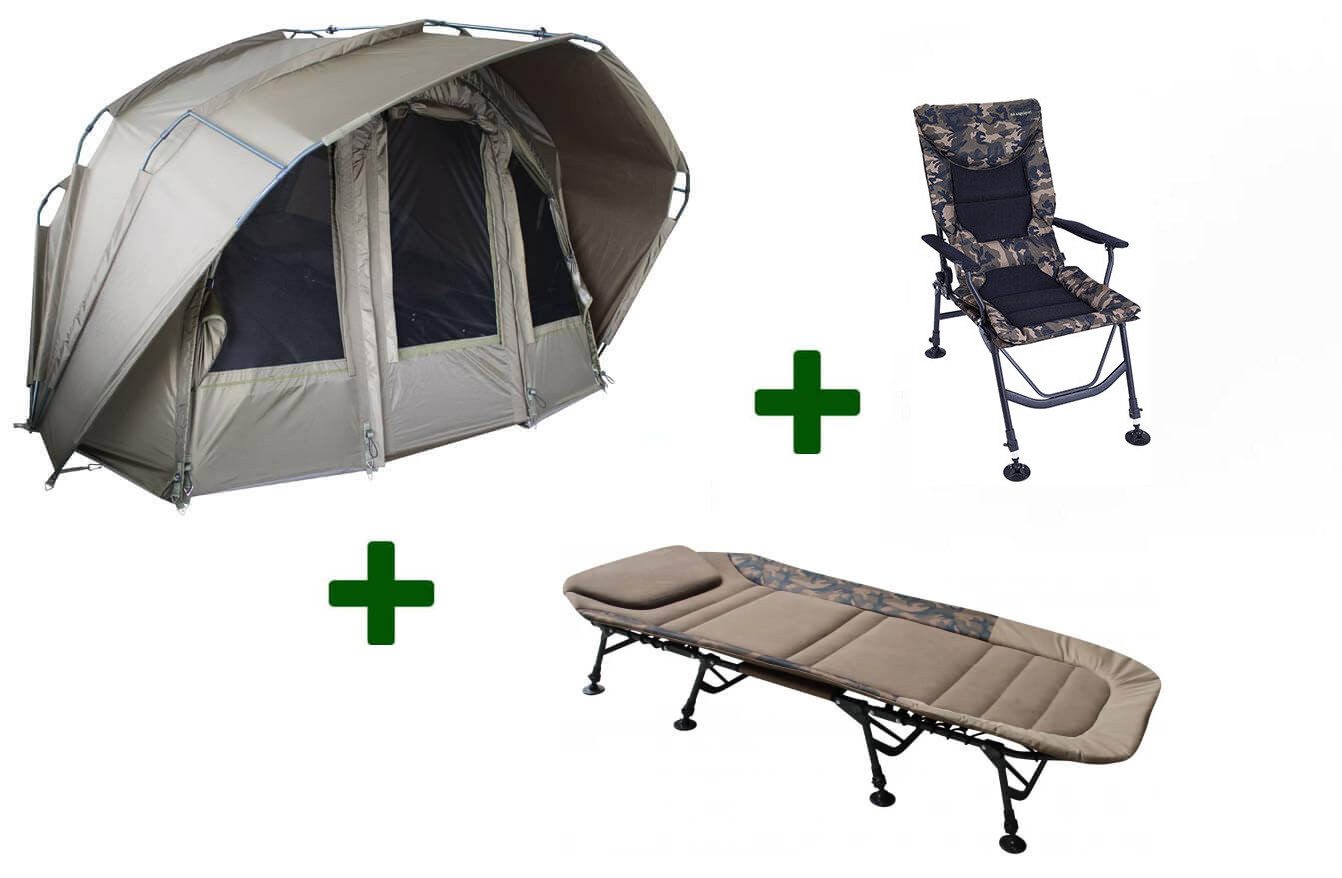 Angelzelt Fort Knox 2.0 Pro Bivvy 2Man + Camo Bedchair + Recliner Carpchair