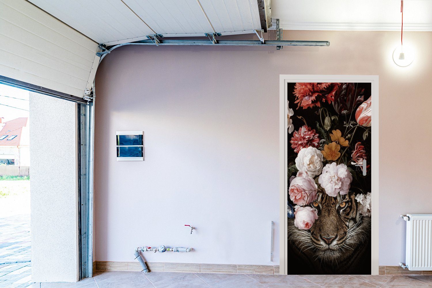 (1 Tür, 75x205 Türtapete bedruckt, für cm Fototapete - - Kunst, St), MuchoWow Türaufkleber, Tiger Matt, Blumen