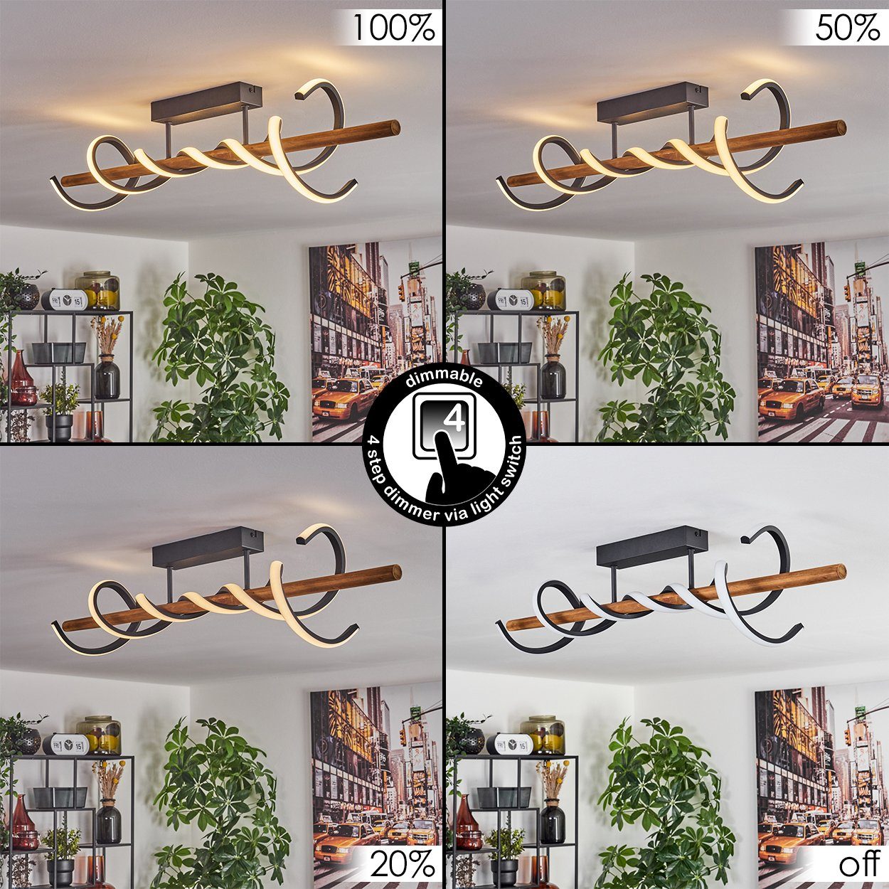 hofstein Deckenleuchte dimmbare Deckenlampe aus Metall/Holz/Kunststoff in Schwarz/Natur/Weiß, LED fest integriert, 3000 Kelvin, 38 Watt, 5200 Lumen, Länge Holzstab 80cm, dimmbar über Lichtschalter