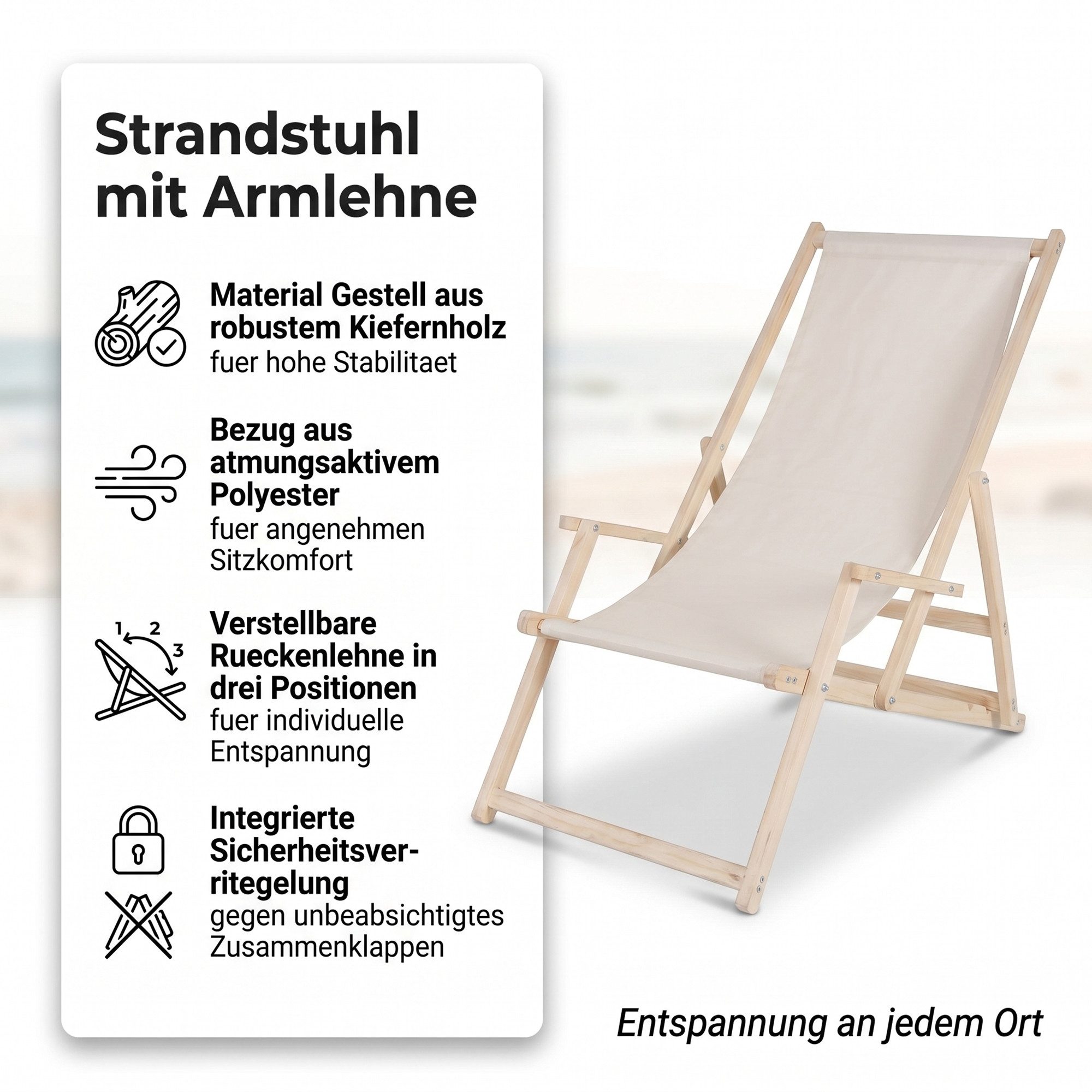 Mucola Gartenstuhl Strandliege Liegestuhl Gartenliege Sonnenliege Strandstuhl Balkonliege (Stück), Inkl. Sicherung gegen ungewolltes Zusammenklappen