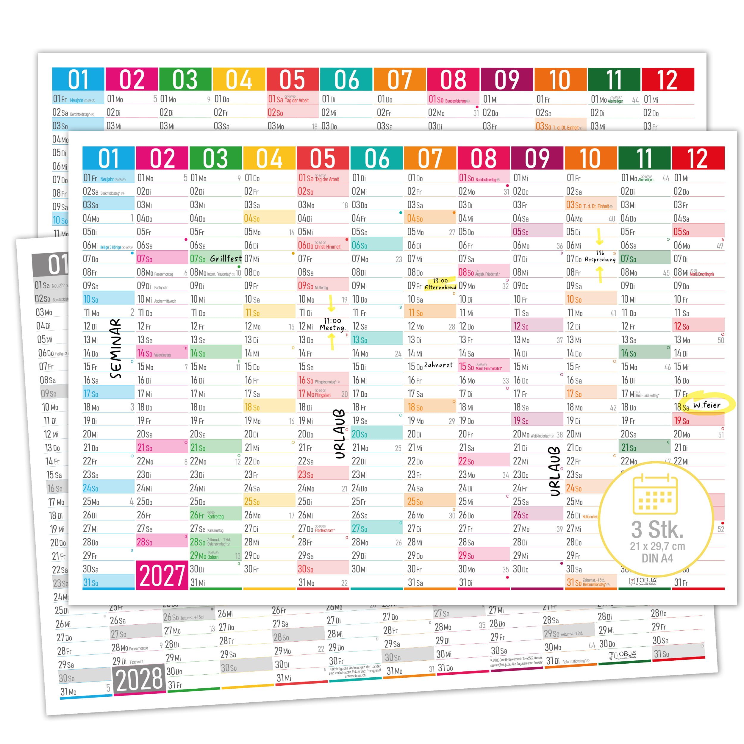 TOBJA Wandkalender Tafelkalender 2027 Color Blocks A4 3er Set Jahreskalender Modern, Tafelkalender 2027 Color Blocks A4 3er Set Jahreskalender Modern