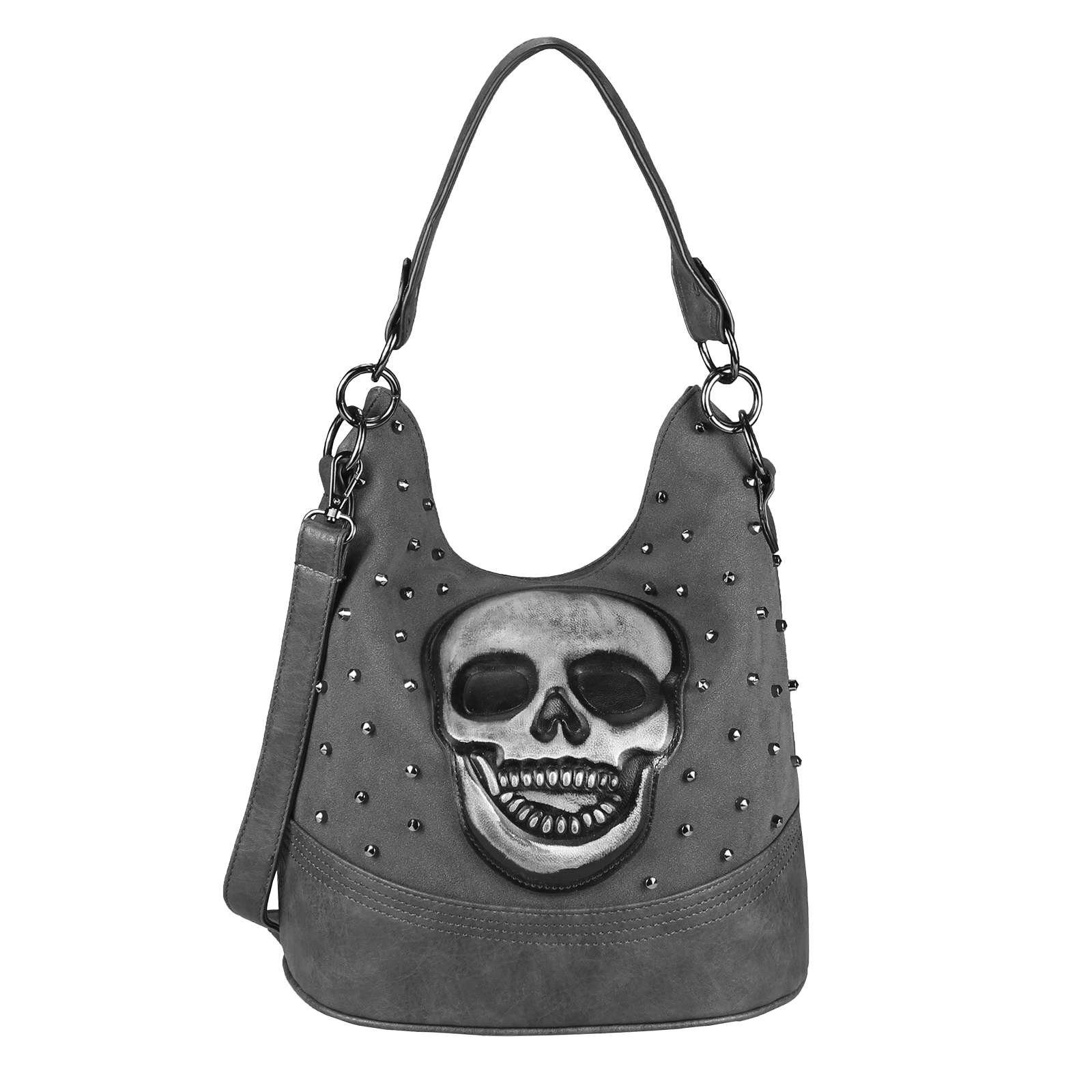 ITALYSHOP24 Schultertasche Damen Totenkopf Shopper Tasche, Skull & Nieten, CrossOver/Umhängetasche tragbar