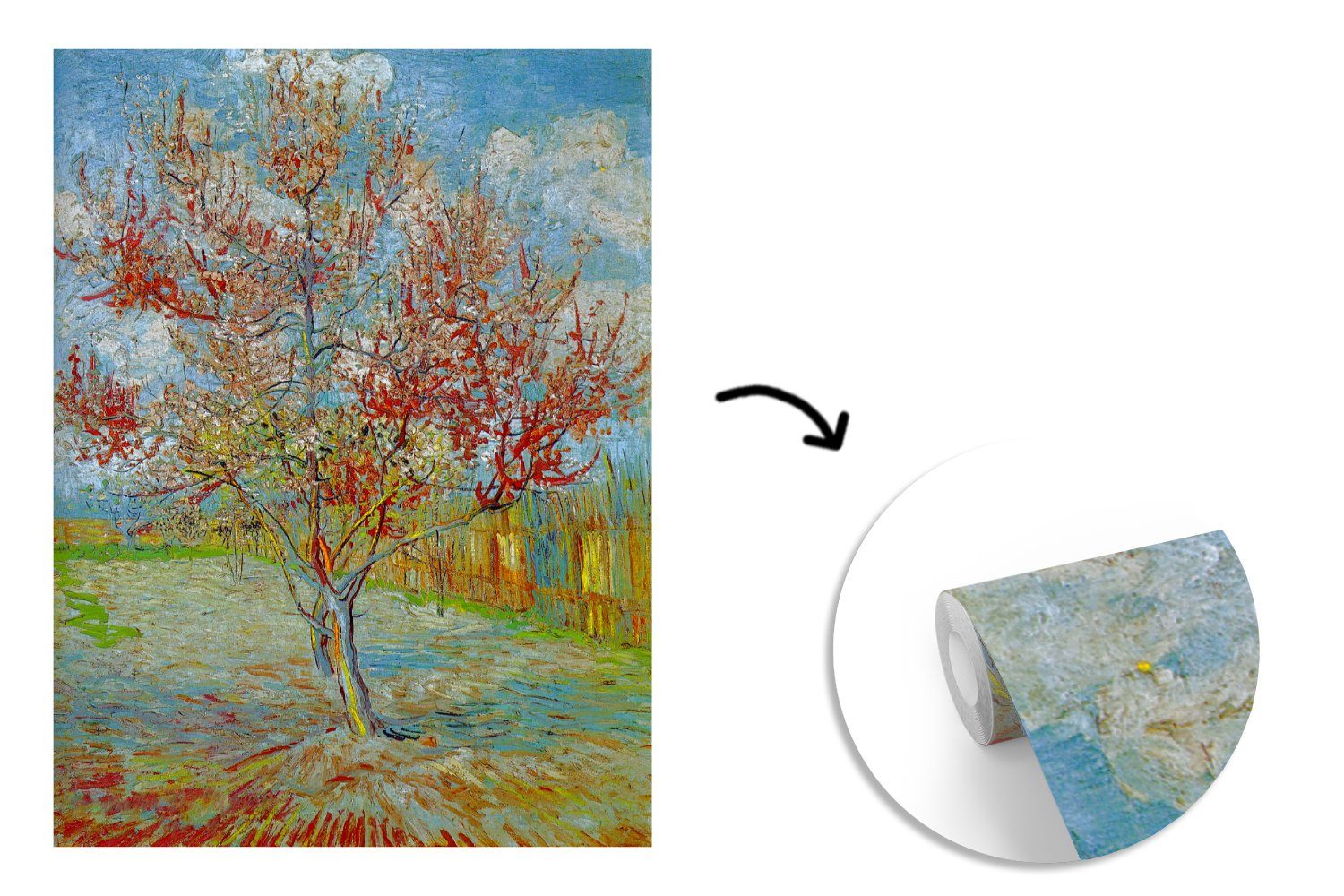 (3 Gogh, van Der Vliestapete für Vincent bedruckt, Matt, Fototapete Fototapete Schlafzimmer MuchoWow St), - Wohnzimmer Küche, Pfirsichbaum rosa