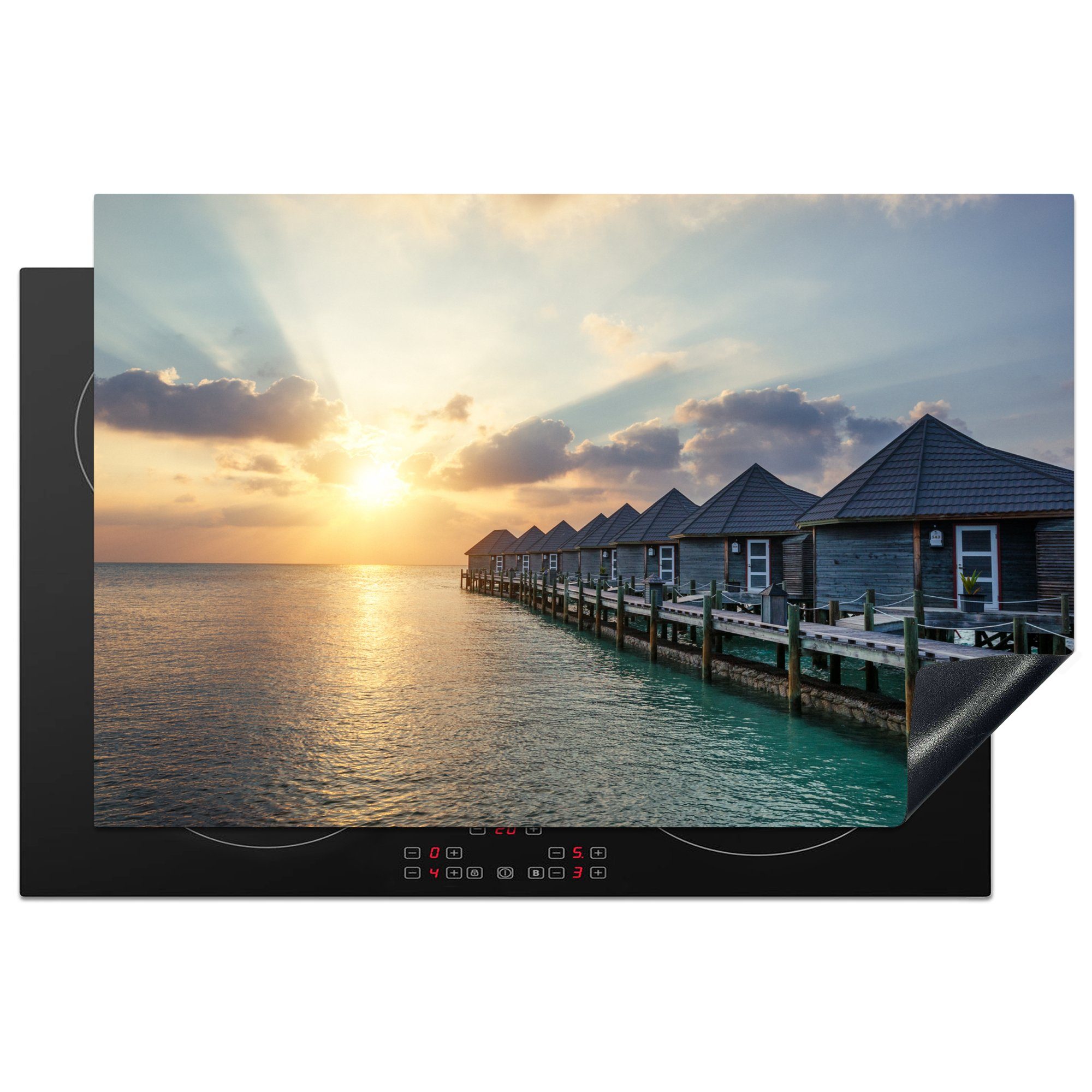 MuchoWow Herdblende-/Abdeckplatte Holzhäuser an der Küste der Malediven bei Sonnenuntergang, Vinyl, (1 tlg), 81x52 cm, Induktionskochfeld Schutz für die küche, Ceranfeldabdeckung