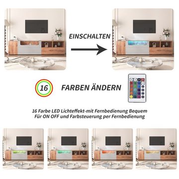 WISHDOR Lowboard TV- Schrank (Breite:190cm), Mit farbwechselnden LED-Leuchten und Glasplatte mit Fächern und Türen.