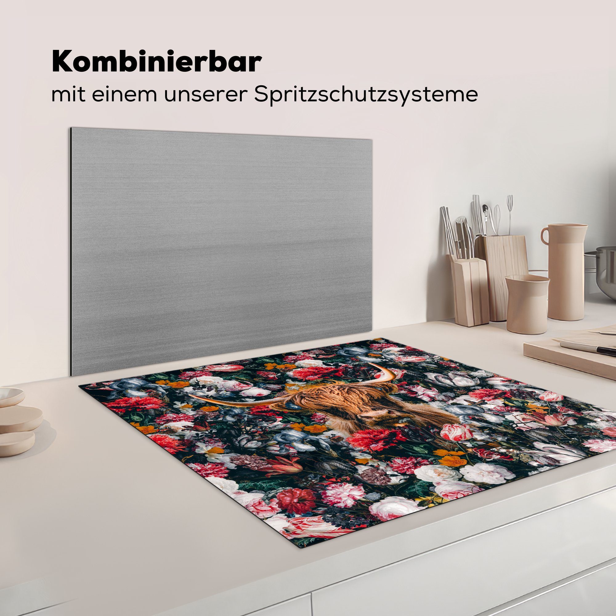 Braun, (1 tlg), Arbeitsplatte MuchoWow cm, küche - Kuh - Blumen 78x78 Herdblende-/Abdeckplatte Ceranfeldabdeckung, Vinyl, für