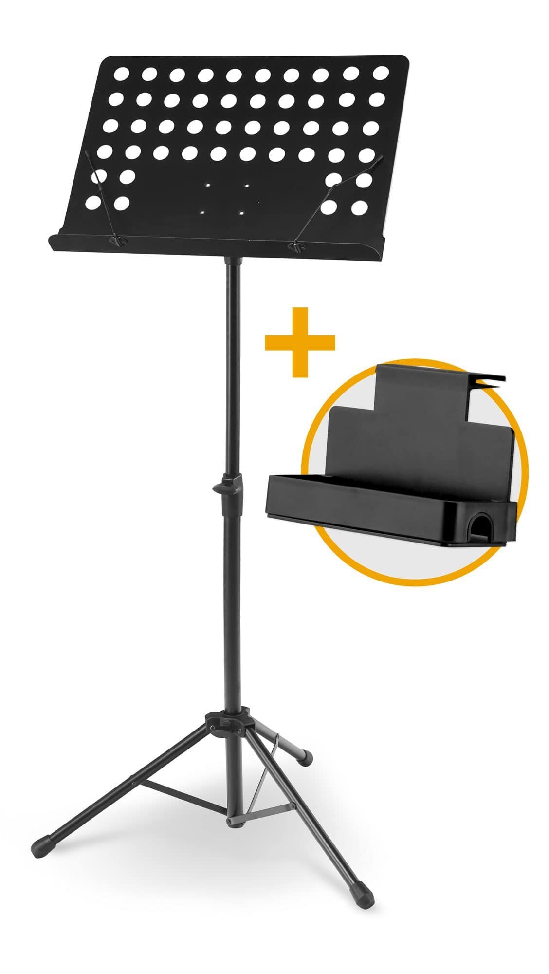 McGrey Notenpult Orchesterpult Lochblech Ständer Deluxe Notenständer mit Notenklemmen, (Spar-Set, 2-tlg., inkl. Ablagebox für Utensilien), Abnehmbare Lochblechablage
