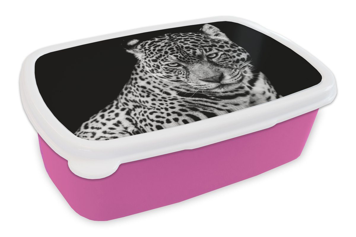MuchoWow Lunchbox Leopard - Tiere - Schwarz - Weiß - Porträt, Kunststoff, (2-tlg), Brotbox für Erwachsene, Brotdose Kinder, Snackbox, Mädchen, Kunststoff rosa