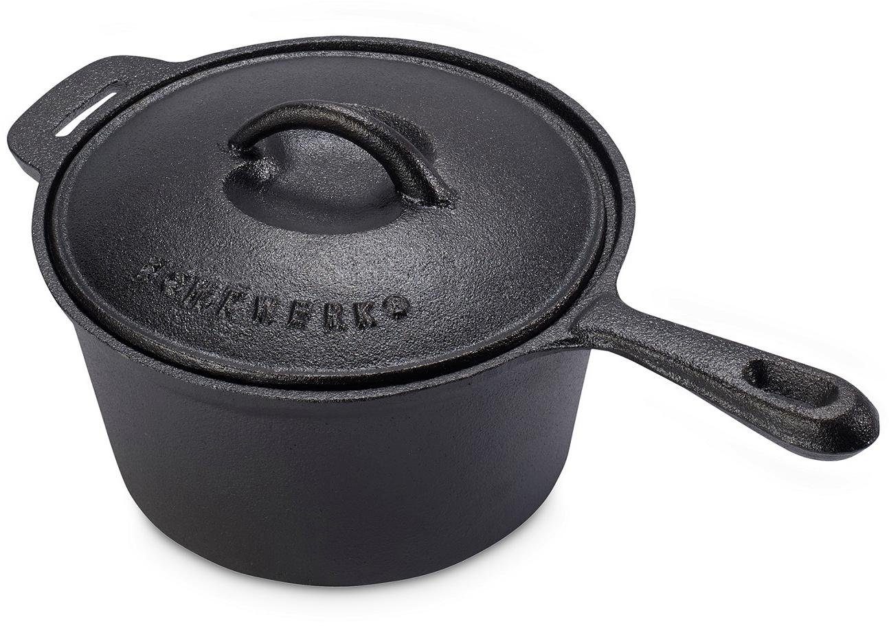 ECHTWERK Topf-Set Dutch Oven, Gusseisen (Set, 7-tlg., Kochtopf, Stieltopf, Pfanne, Grillplatte, Deckelheber, Untersetzer), Gusseisen BBQ Kochtopf-Set, Feuertopf, ofenfest, Holzkiste