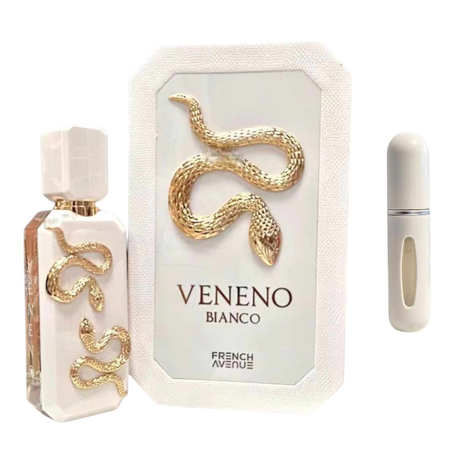 Fragrance World Duft-Set Veneno Blanco, Scarlet EDP 100ml + Parfümzerstäuber leer1 Stk, 1-tlg.