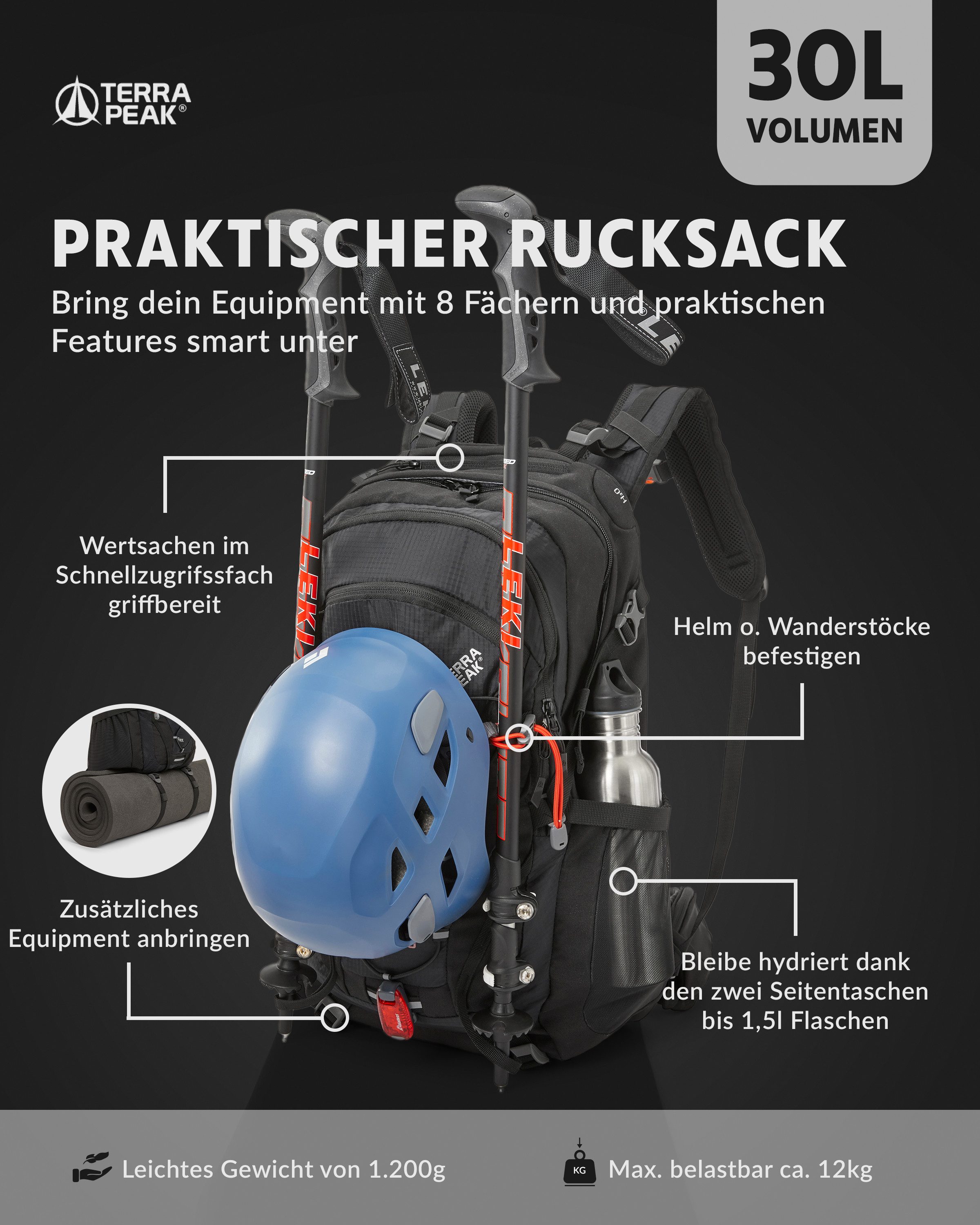 Terra Peak Wanderrucksack Flex 30, 30L mit YKK Reißverschluss Trekkingrucksack mit Hüftgurt