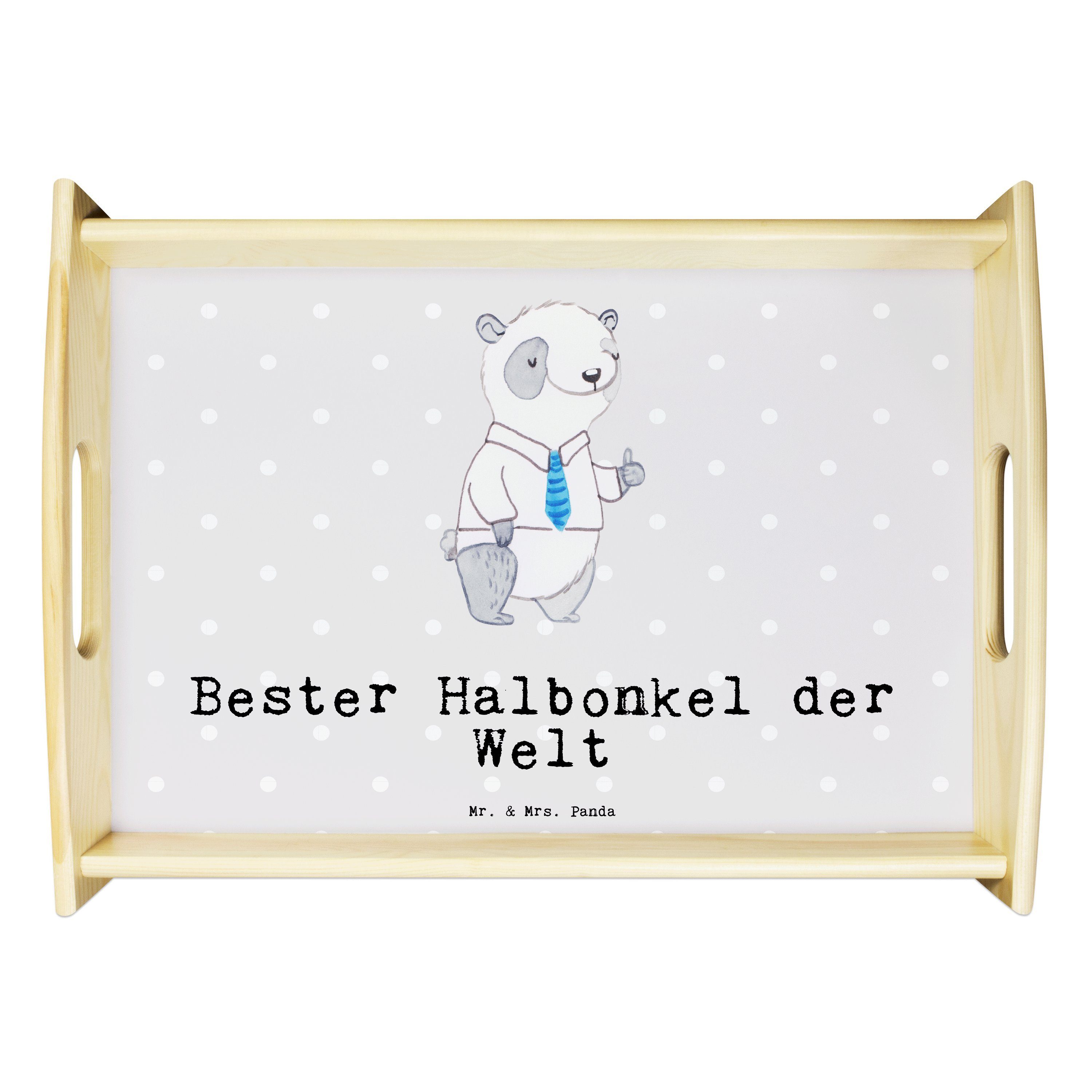 Mr. & Mrs. Panda Bester (1-tlg) Panda - lasiert, Tablett Stiefgesch, Echtholz Geschenk, Halbonkel - Grau Pastell Welt der