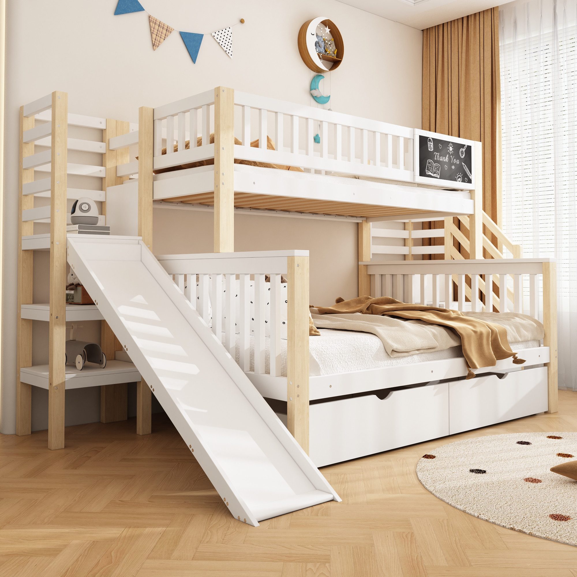 Flieks Etagenbett, Kinderbett 90x200cm+140x200cm mit Tafel, günstig online kaufen