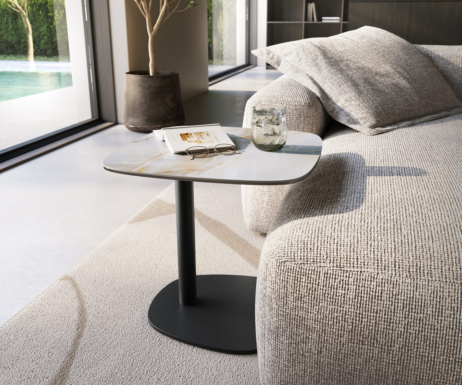 DELIFE Couchtisch Edge, Boot 50x50 cm Keramik Onyx Pearl Eleny Metall Schwarz