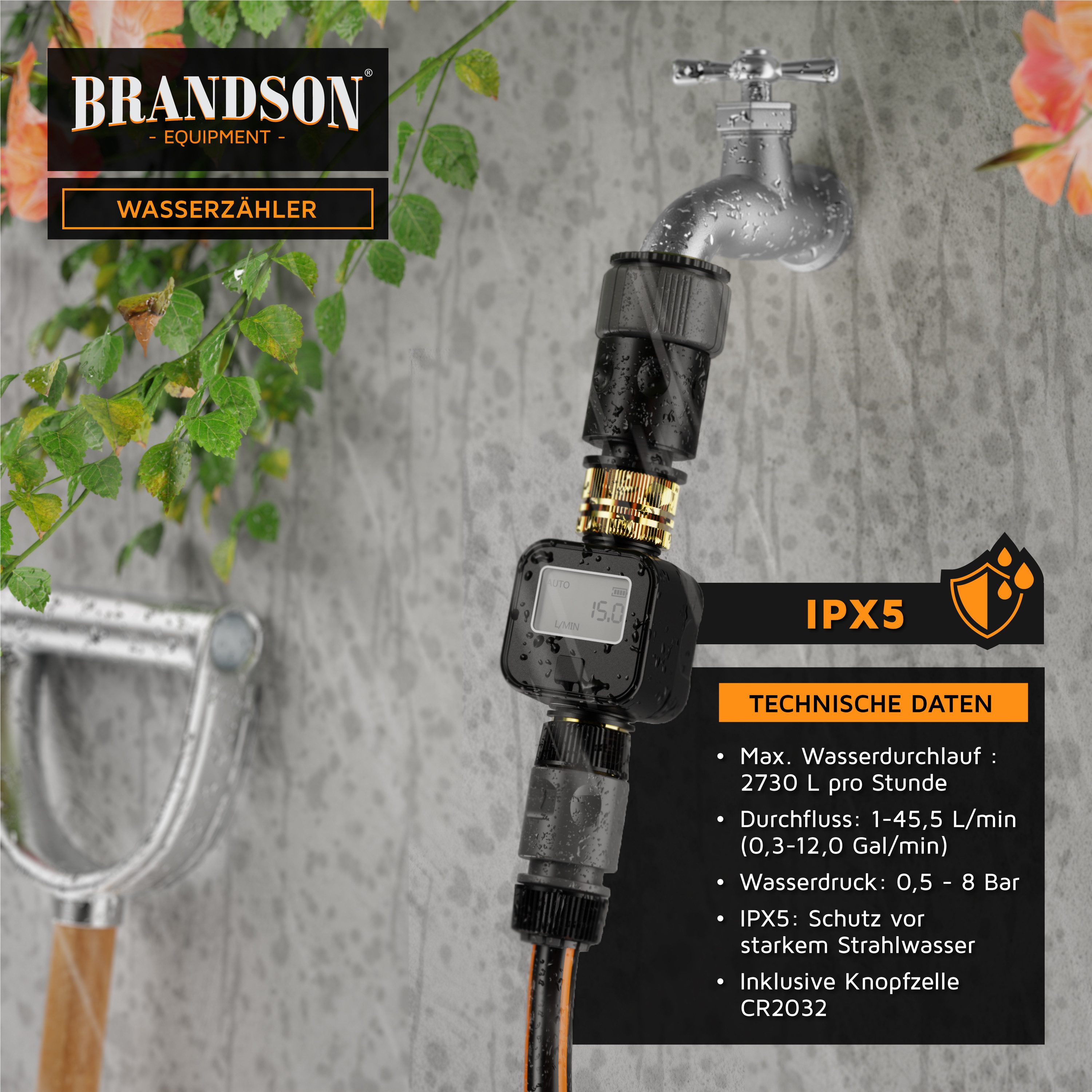Brandson Wasserzähler Wassermengenzähler digital 3/4 Zoll, Wasseruhr Garten Durchflussmesser, (1-tlg), Display, 4 Modi, Liter/Gallone, Sleepmodus, IPX5, Batteri – Bild 4 von 5