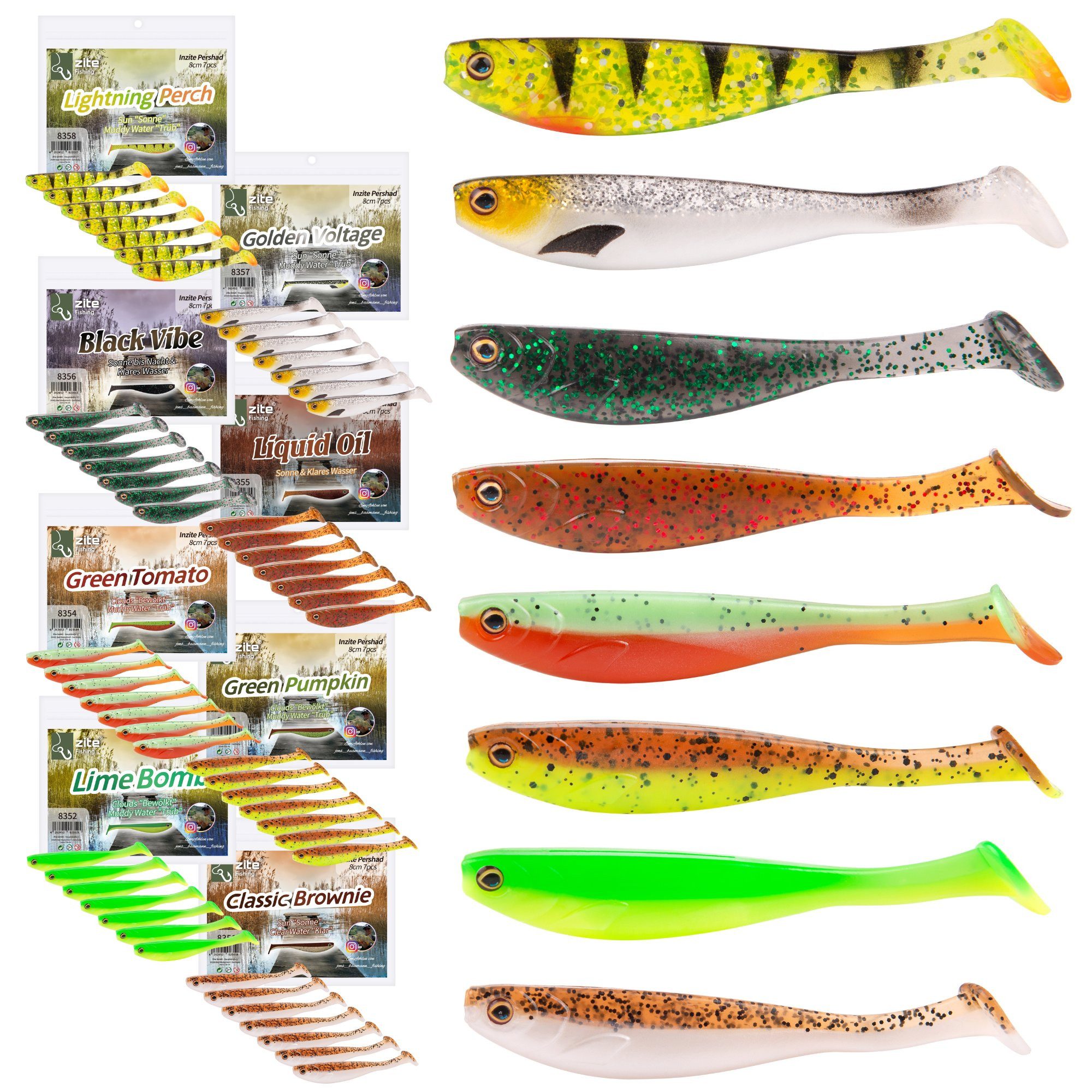 Kunstköder Inzite Pershad 8er Set 8 cm Softbait 56 Gummifische 8 Farben Barsch