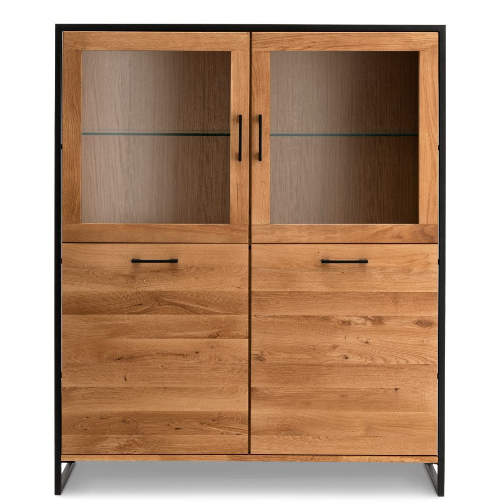 Lomadox Highboard FORST-64, Eiche massiv geölt, mit umlaufendem Metallrahmen, : 115/138/39 cm