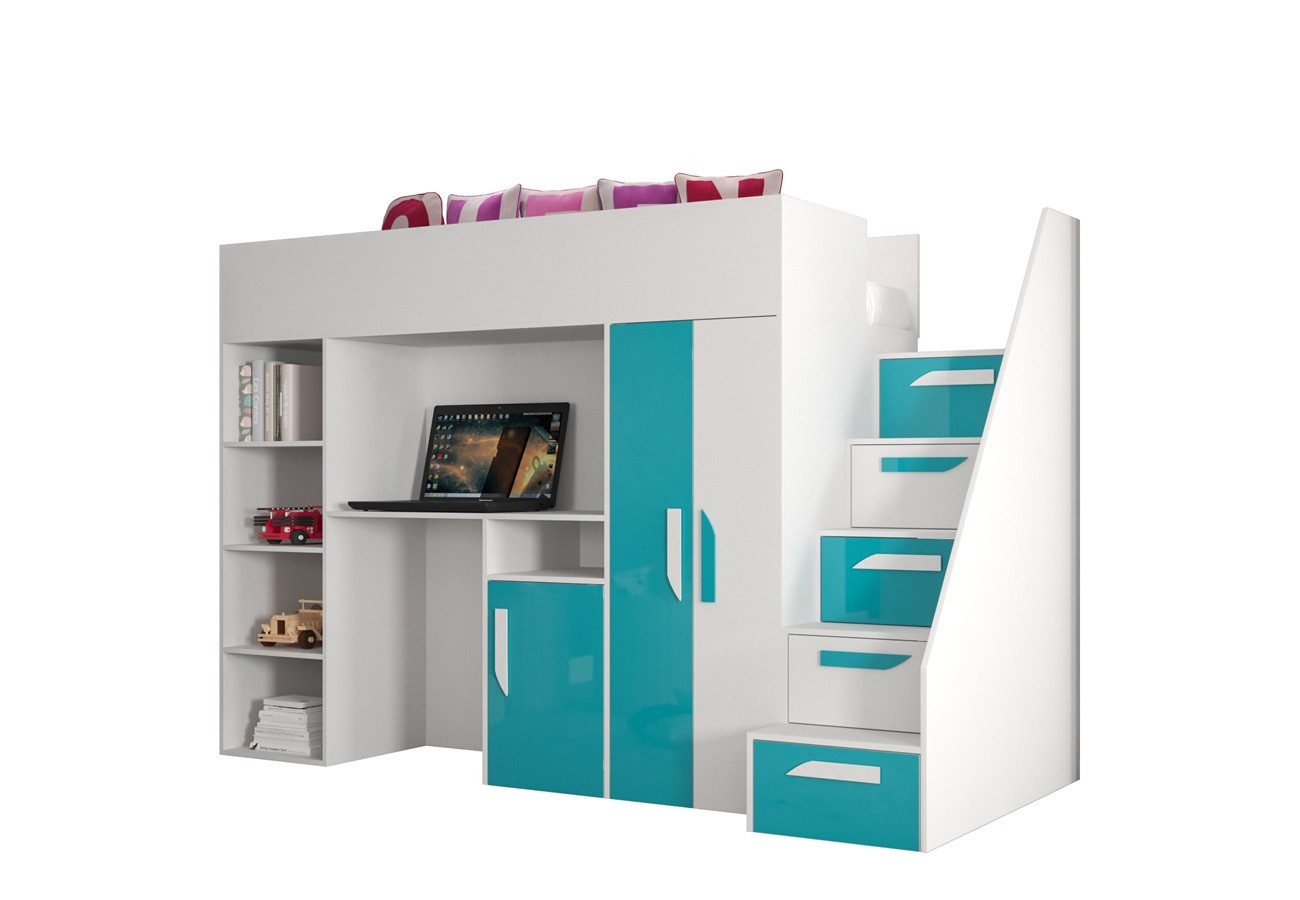 Hochbett PARIS 4 mit Schreibtisch Schrank Regal und Treppe Hochglanz