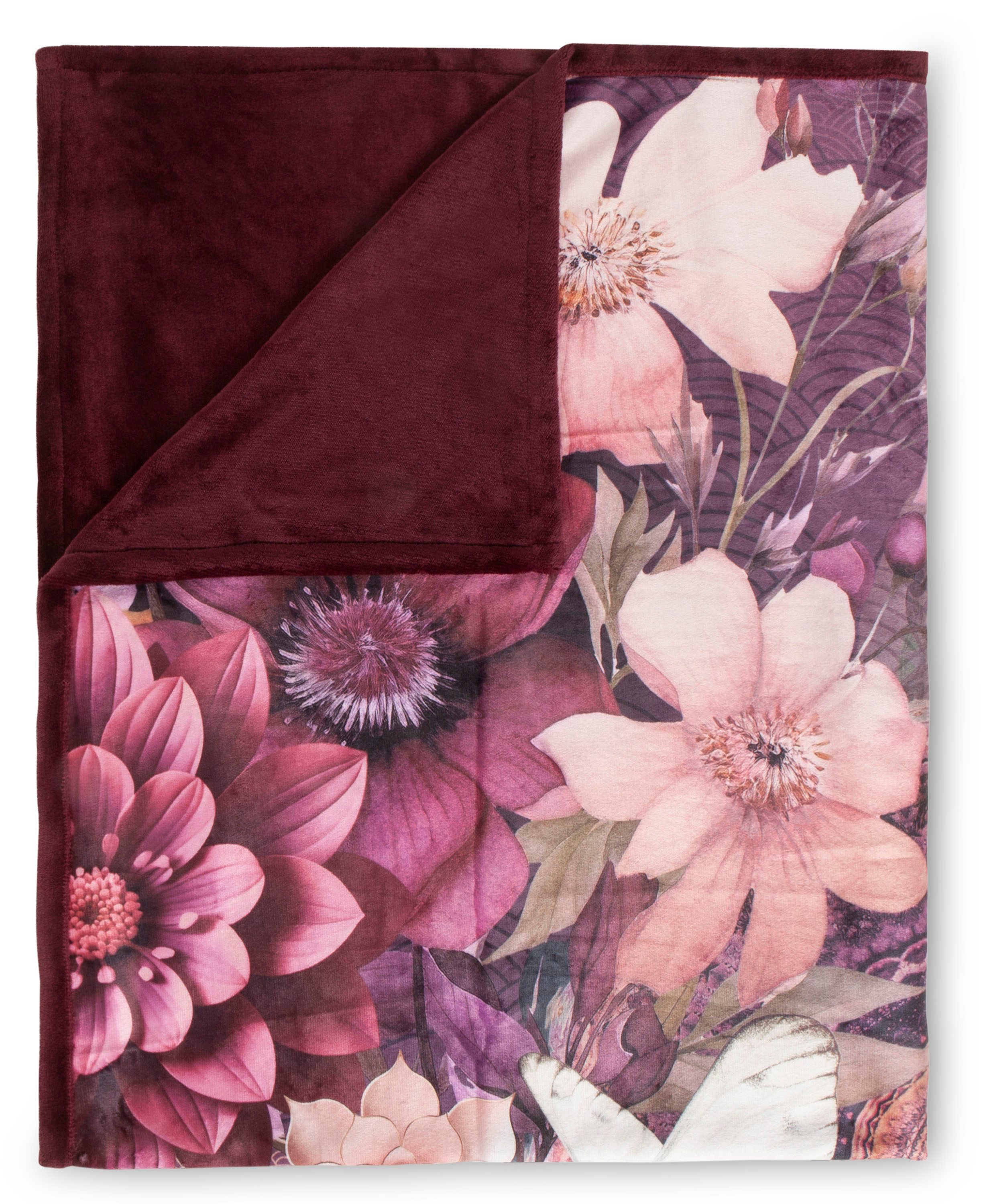 Plaid Asher, hip, Weich, Kuscheldecke, 130x160 cm, Wendeoptik, Mandala, Blumen, Bordeaux