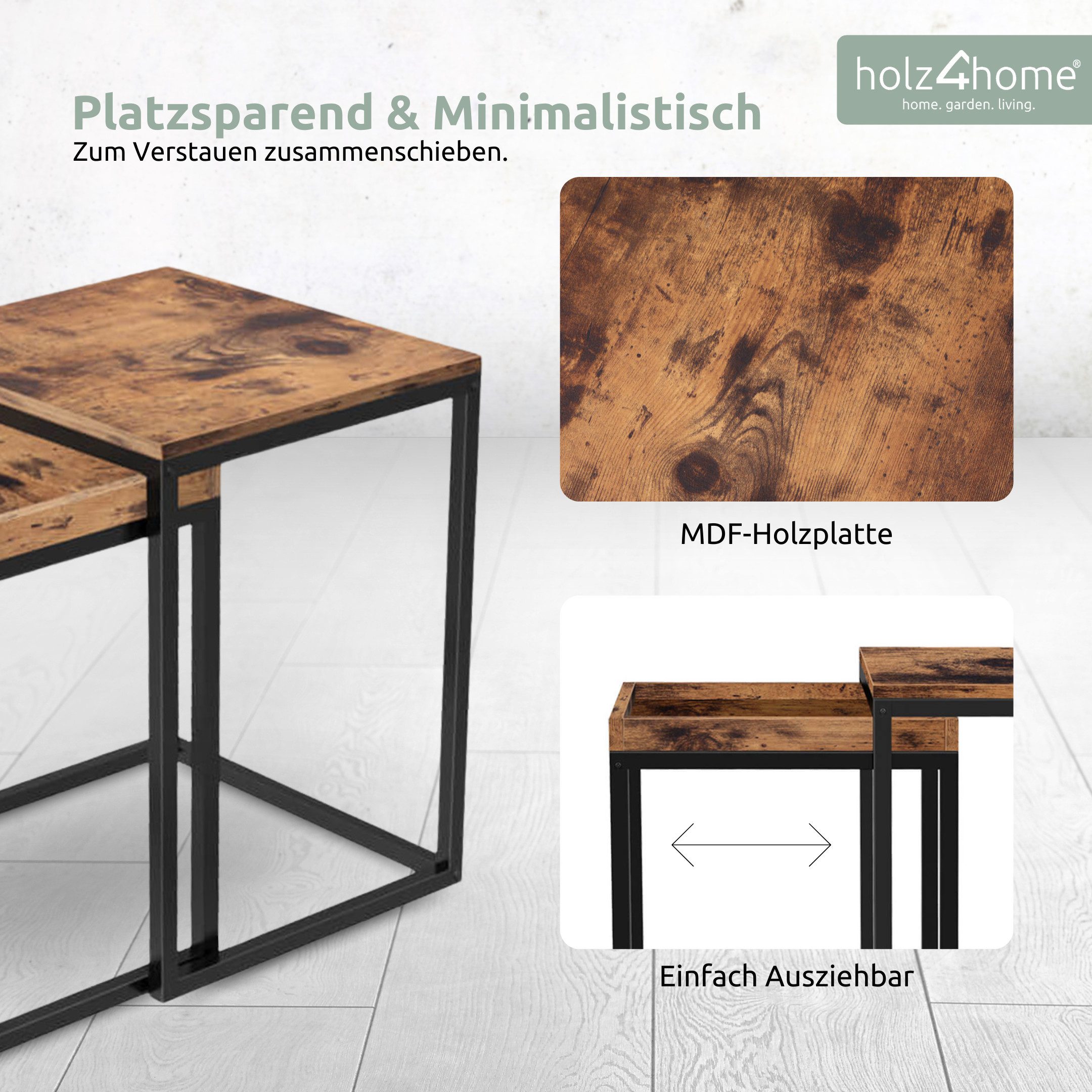 holz4home® Couchtisch Lannies 2er Set Eckig 45x40x55 cm I Wohnzimmertisch Industrial-Look (Kombinierbar), Einfache Montage