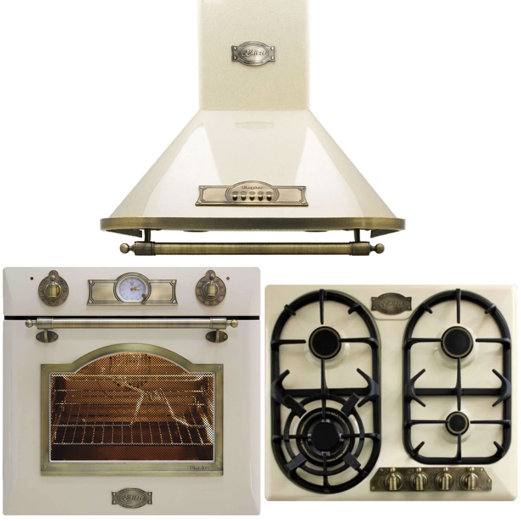 Kaiser Küchengeräte Backofen-Set Empire Design Einbaubackofen 60 cm Heißluft Drehspieß Rezepttabelle auf Panorama-Glas A6315+EH6355+KG6325, Katalytische, Retro Küchenset: Dunstabzugshaube, Gaskochfeld, Elektro Backofen 60 cm