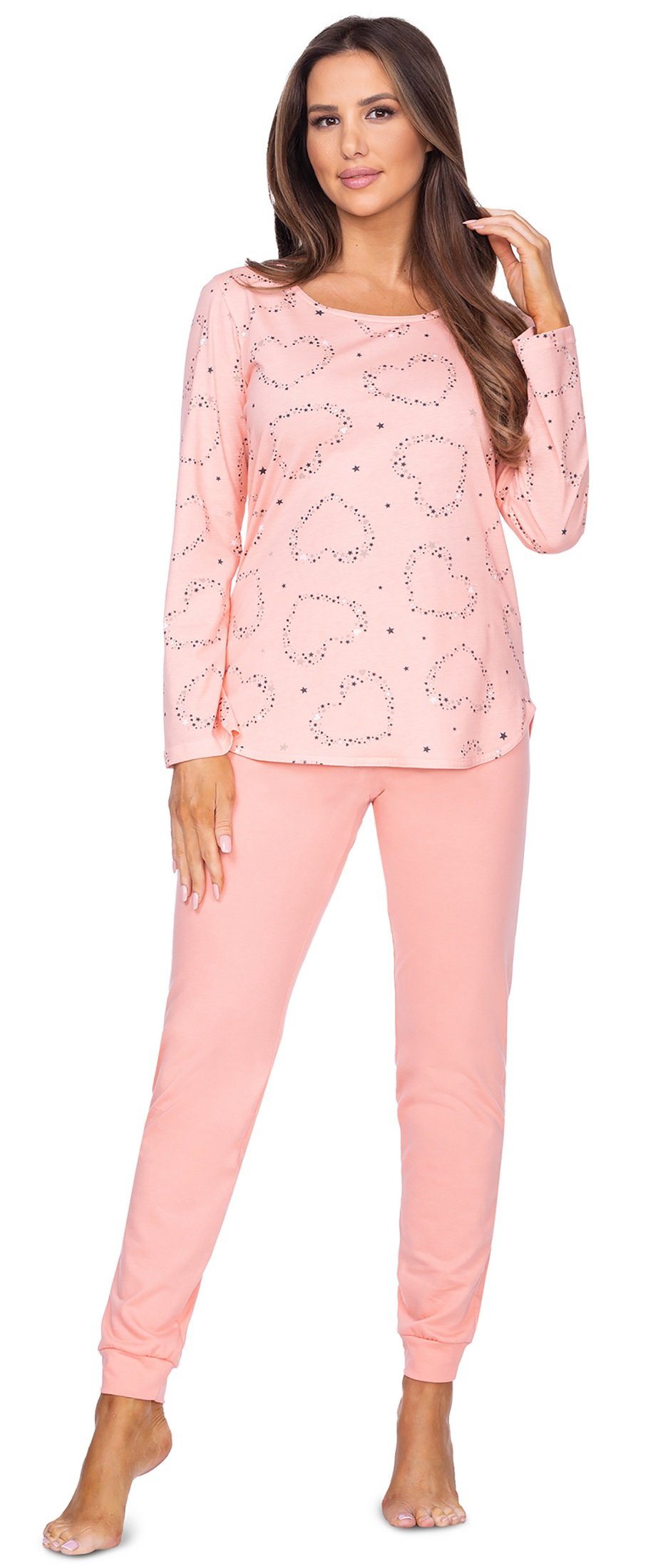 REGINA Schlafanzug langarm, Pyjama - niedliches Herzmotiv aprikose | Pyjamas