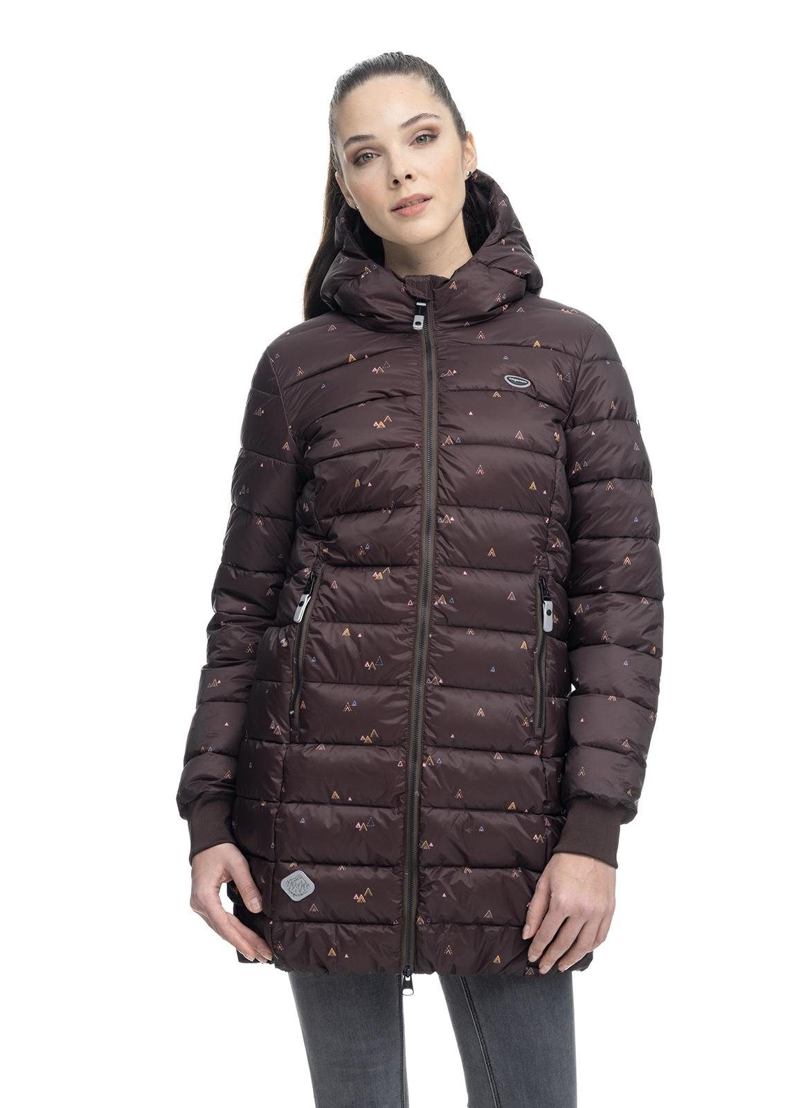 dunkelbraun Kapuze mit Steppjacke Ragwear Long Winterjacke Gemusterte Tiasa