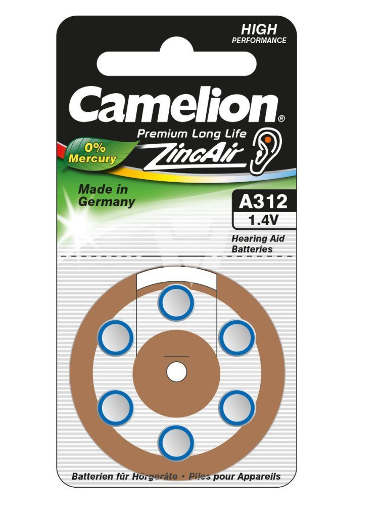 Camelion Akku (1,4 V), Hörgerät-Batterie Camelion 312, A312, Made in Germany, 6 Stück