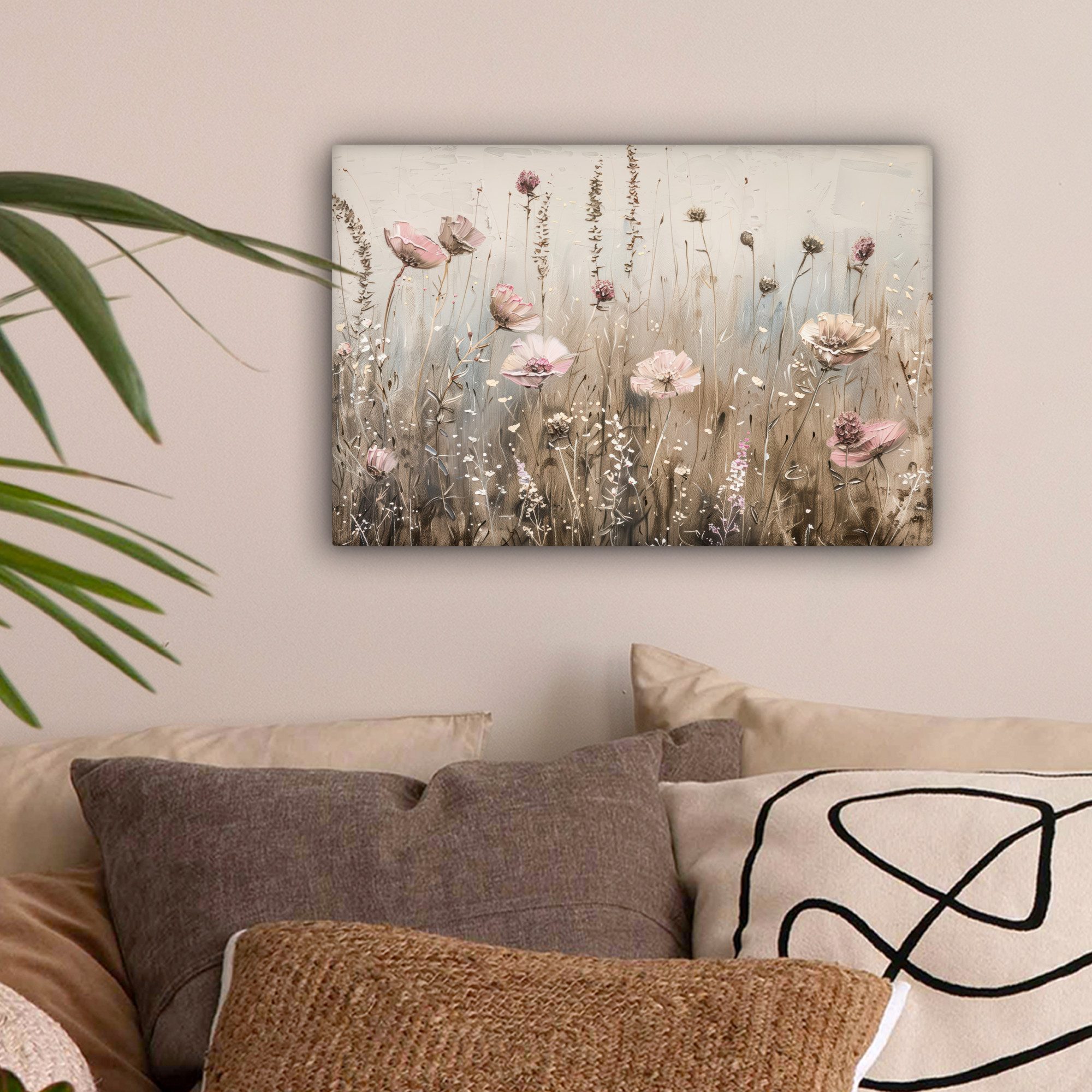 OneMillionCanvasses® Leinwandbild Blumen - Rosa - Modern - Beige, Fotodruck (1 St), Leinwand Bilder Klein, Wand Dekoration Aesthetic 30x20 cm