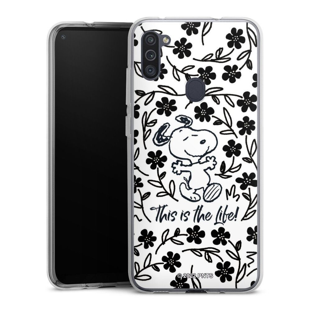 DeinDesign Handyhülle Peanuts Blumen Snoopy Snoopy Black and White This Is The Life, Samsung Galaxy M11 Silikon Hülle Bumper Case Handy Schutzhülle