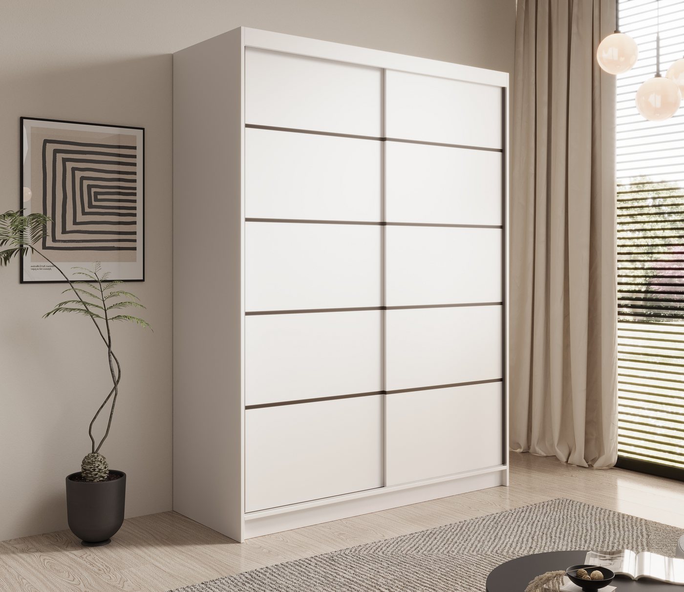 MOEBLO Schiebetürenschrank SANTINA 150 (Modern, Platzsparend, Viel Stauraum für Schlafzimmer, Schwebetürenschrank 2-türig Schrank Garderobe Schiebtüren) (BxHxT): 150x200x58cm