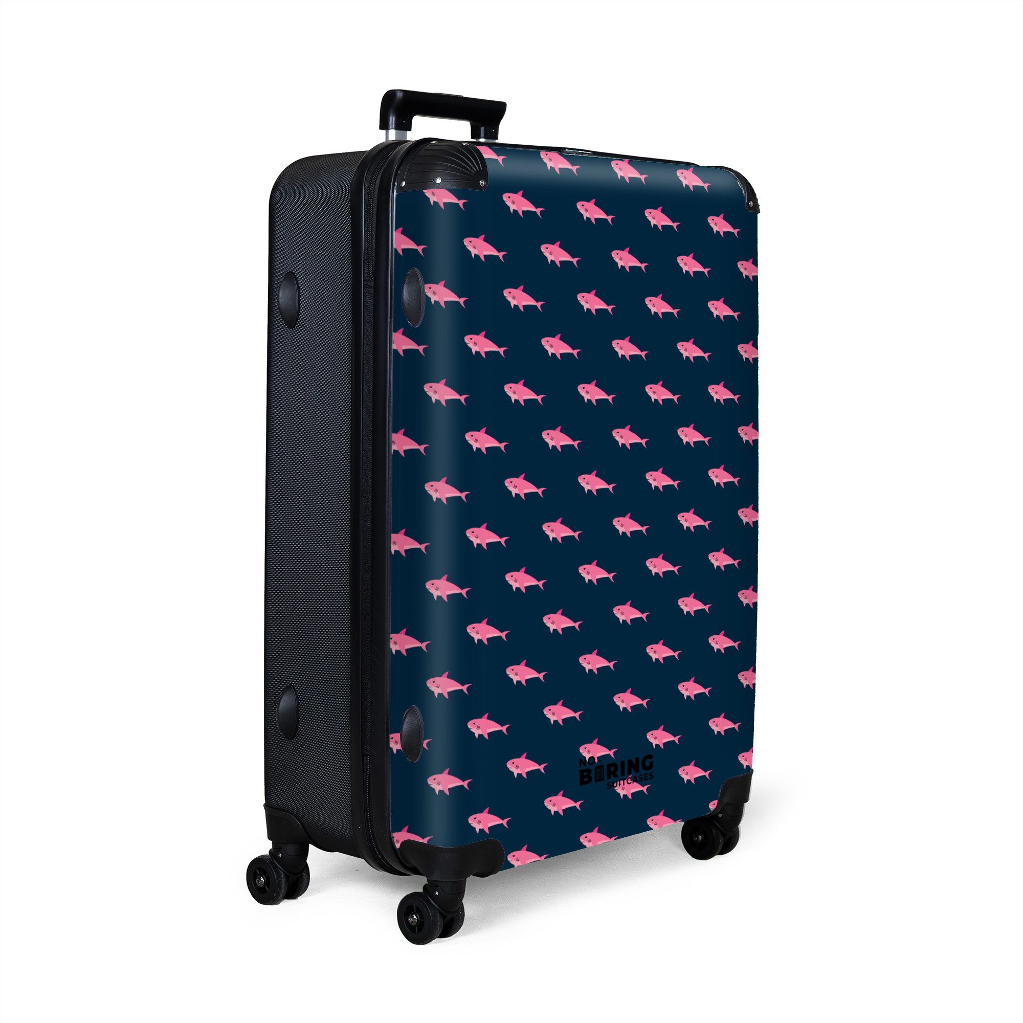 NoBoringSuitcases.com© Hartschalen-Trolley Blau mit rosa Hai-Aufdruck günstig online kaufen