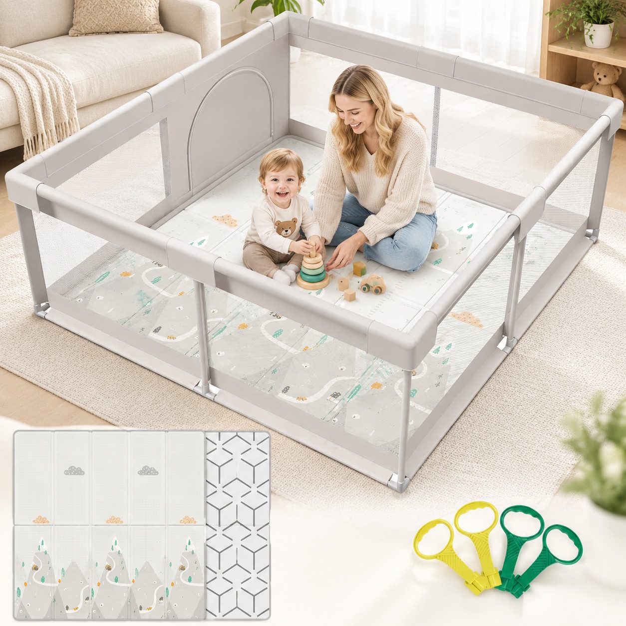 MC Star Laufgitter mit Matte 150x150 cm, Laufstall Baby mit Matratze (Sicher und Geräumig für die Wohnung, Rutschfeste Basis, Atmungsaktives Netzdesign (150X150X64 cm)