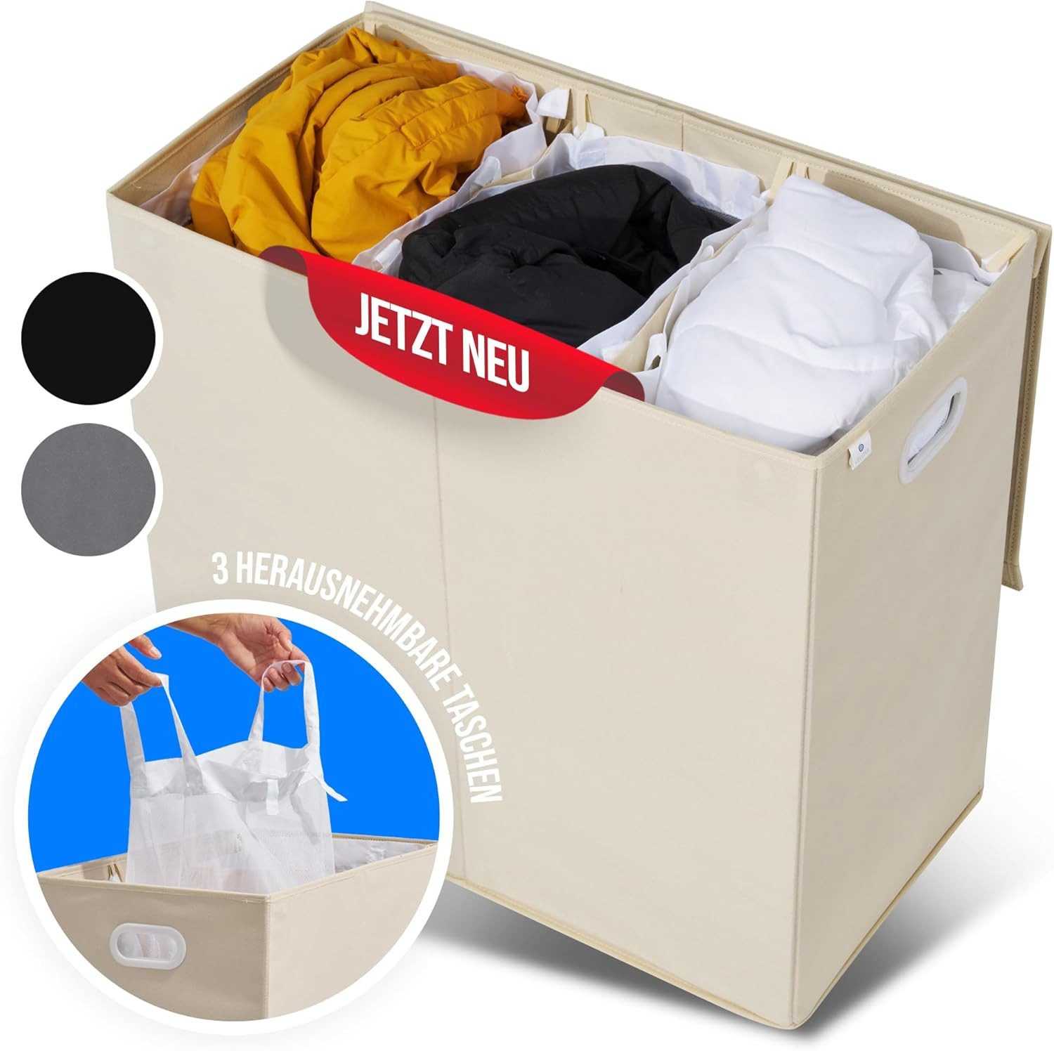 COFI 1453 Wäschekorb mit 3 Fächern 156 L – Wäschesammler mit Deckel & Magne günstig online kaufen
