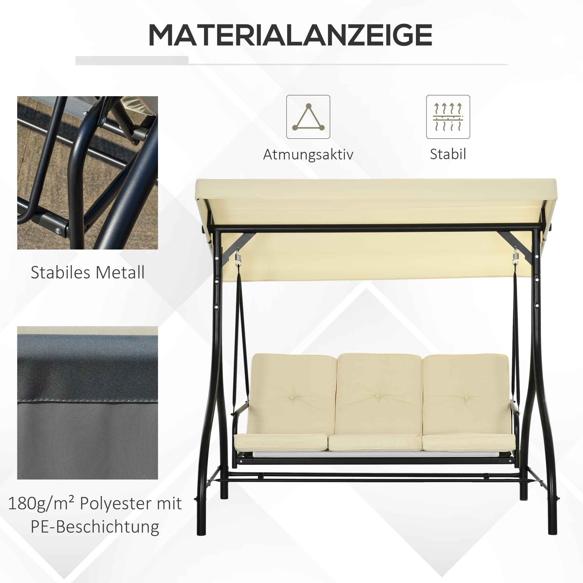 Outsunny Hollywoodschaukel 2 in 1 mi Liegefunktion, verstellbarem Sonnendach, belastbar bis 240kg, 3-Sitzer, Bettfunktion, 3-Sitzer Gartenschaukel, 1 tlg., Schaukelbank, für Garten, Terrasse, 195 x 117 x 175 cm, Beige