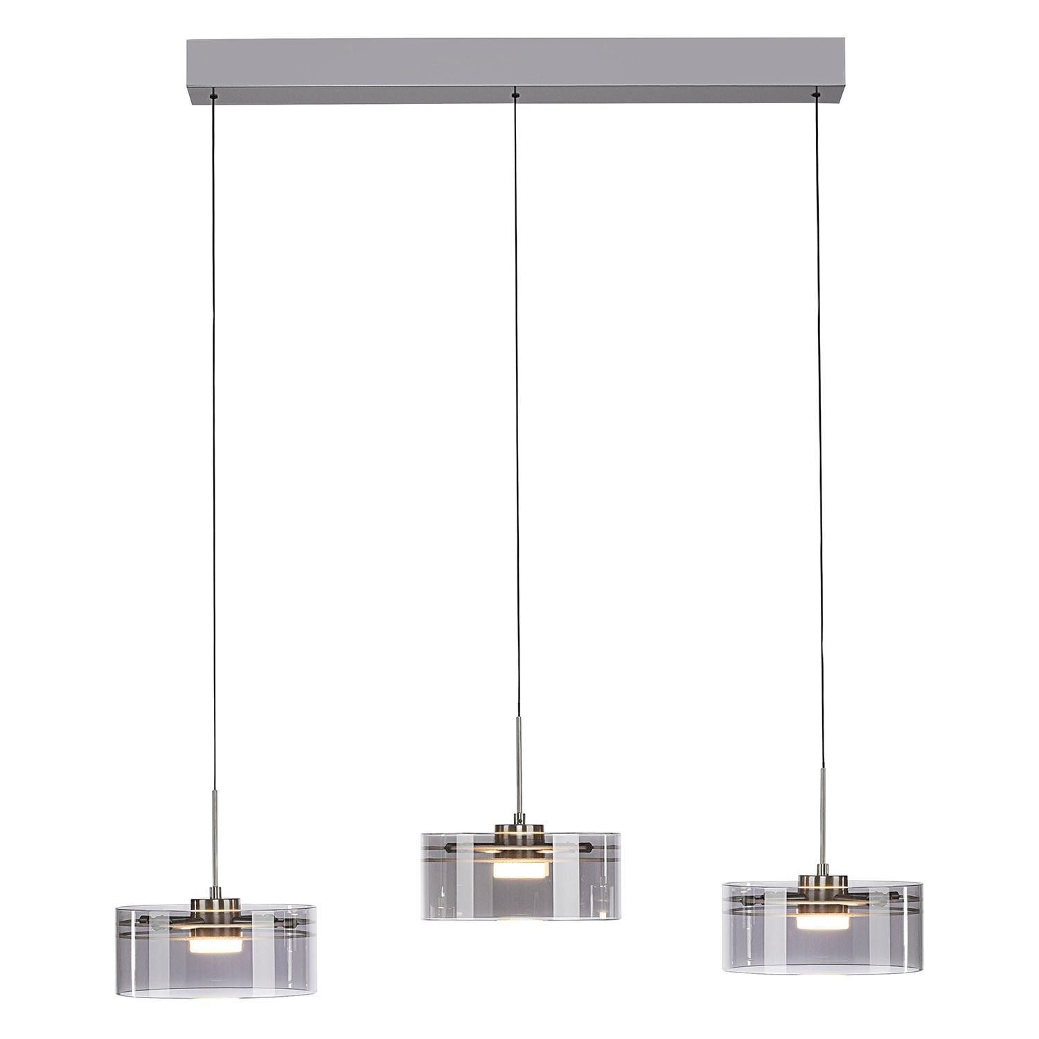 MONDO LED Pendelleuchte KARENA, 3-flammig, Rauchfarben, Stahlgrau, Metall, Höhenverstellbar, LED fest integriert, Extra-Warmweiß, Rauchglas, B 74 x H 180 x T 18 cm