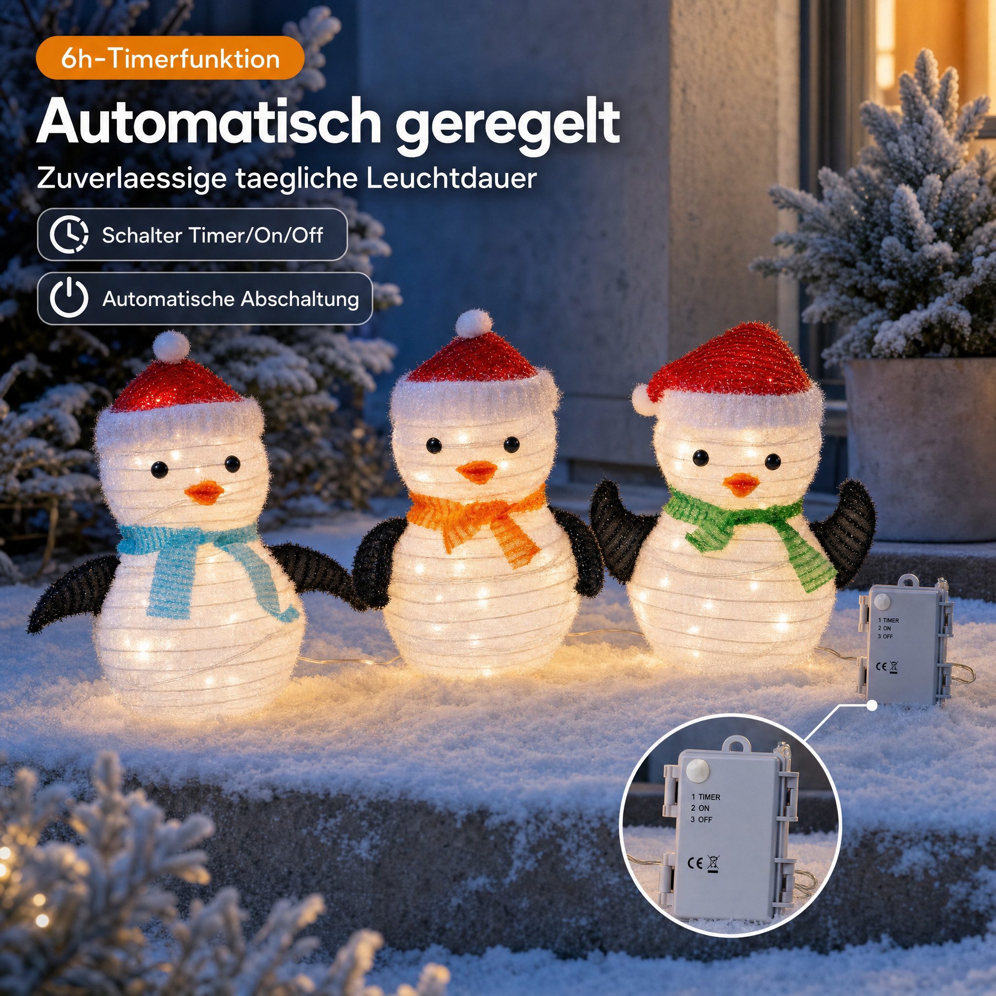 Northpoint Weihnachtsfigur LED Weihnachtsfiguren mit integriertem Timer 3er Set Pinguin, zusammenfaltbar für Innen und Außen Gartendekoration Winterdekoration – Bild 4 von 5