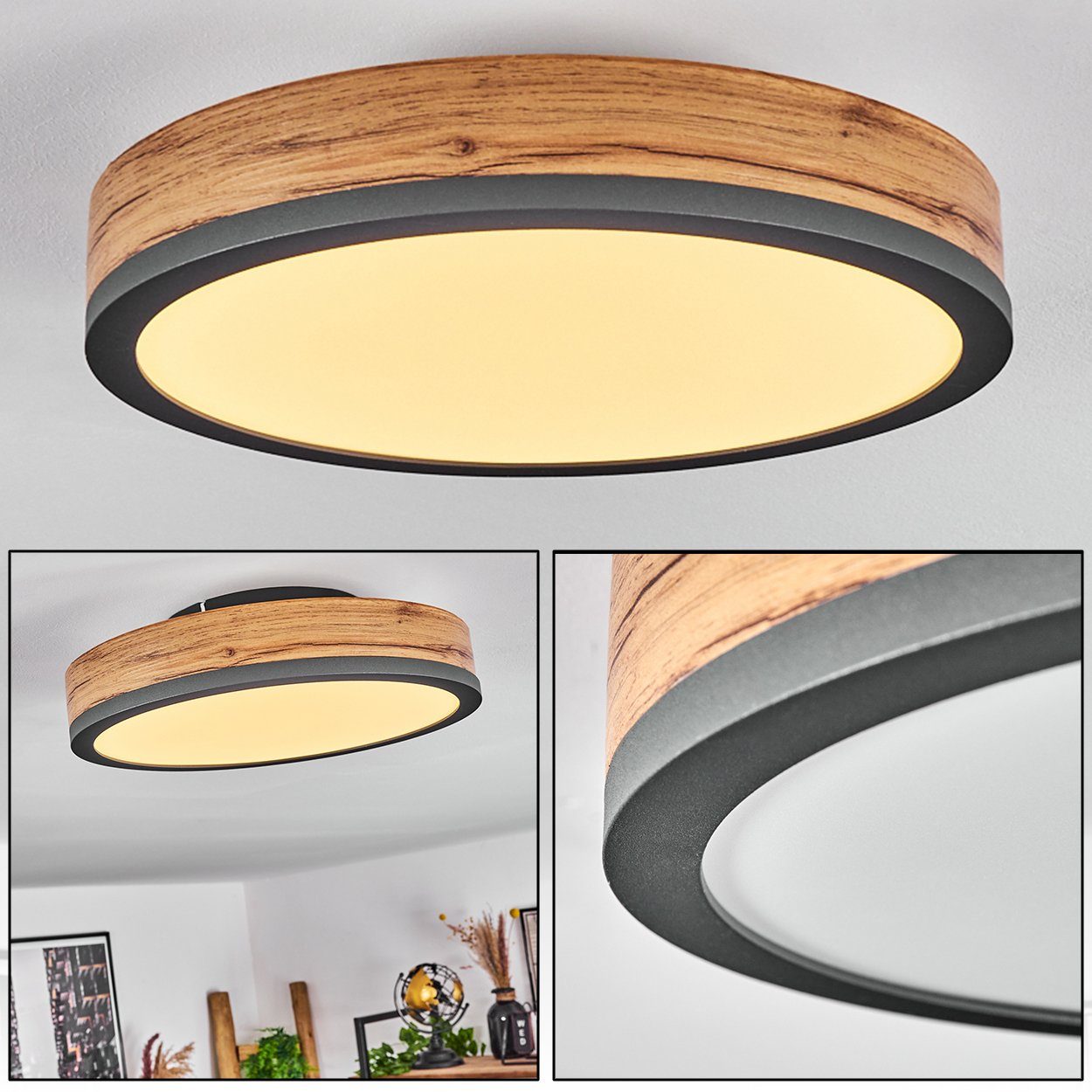 Anthrazit/Holzoptik, 3000 Weiß Lumen, 950 IP20, 12 hofstein Watt Deckenleuchte Metall/MDF/Kunststoff, »Vacil« Kelvin, Ø30cm, Deckenlampe, 1xLED Braun,