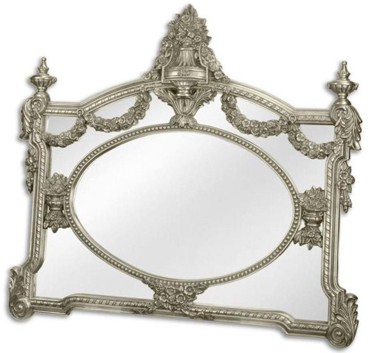 Casa Padrino Barockspiegel Barock Spiegel Silber 131 x H. 116,5 cm - Garderoben Spiegel - Wohnzimmer Spiegel - Prunkvoller Wandspiegel im Barockstil