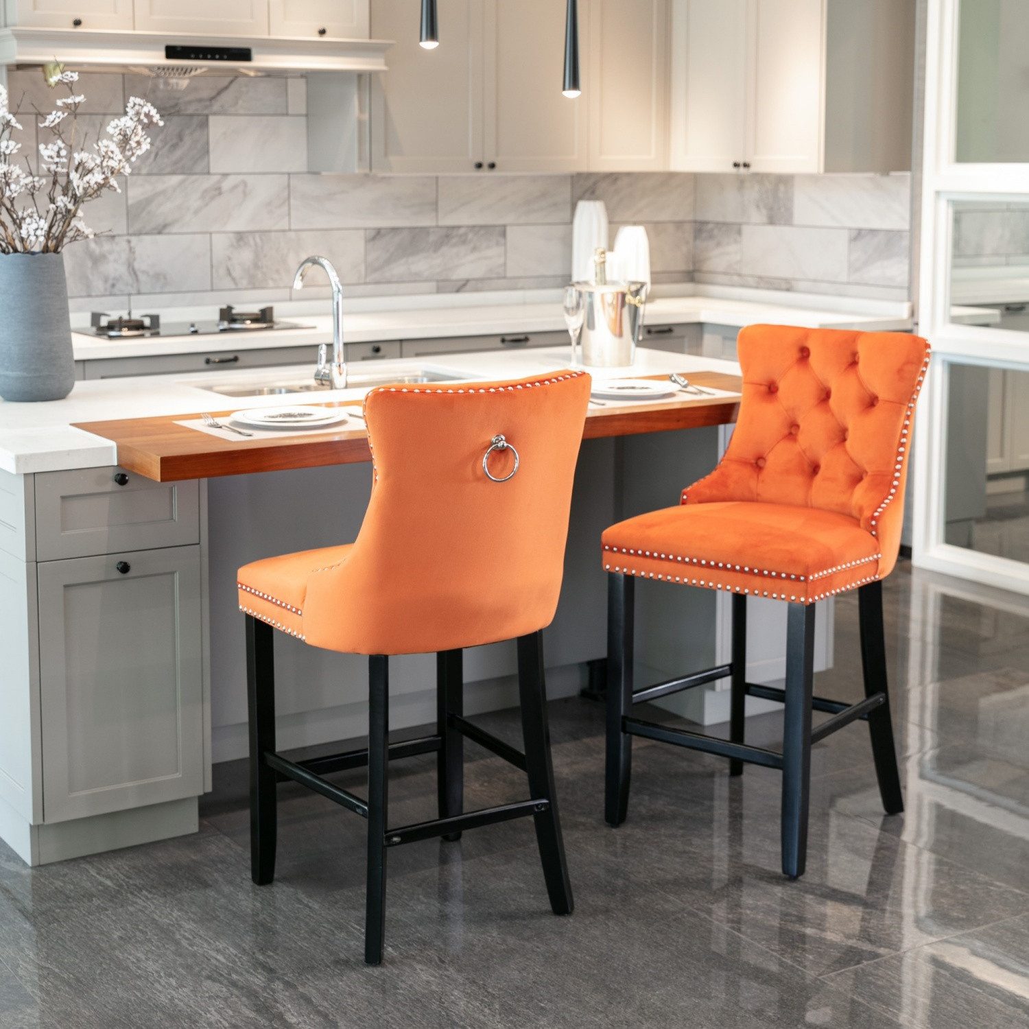 ANYSUN Barhocker Moderne Barhocker 2er Set,Esszimmerstühle mit Tuftedekoration (Knopfheftung, Holzbeinen und Chrom-Nagelkopfbesatz, 2er-Set), Barhocker mit weicher Sitzfläche für Küchen-Cafeteria-Inseltisch