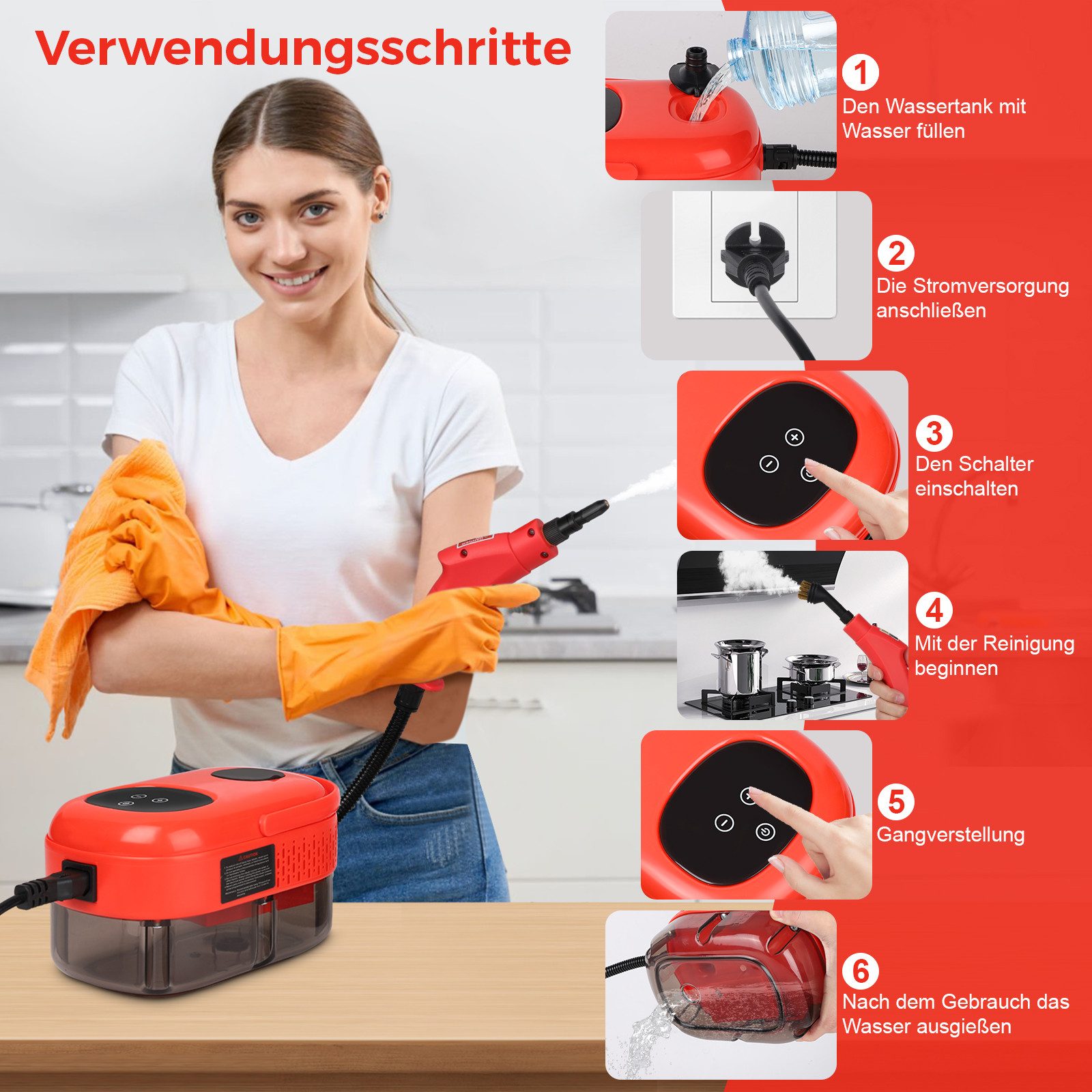 QUBEBU Handdampfreiniger 2500W Tragbarer Dampfreiniger Multifunktionaler Handdampfreiniger, 2500,00 W, mit 6 Geschwindigkeiten einstellbar und 3 Arten von Bürstenköpfen.