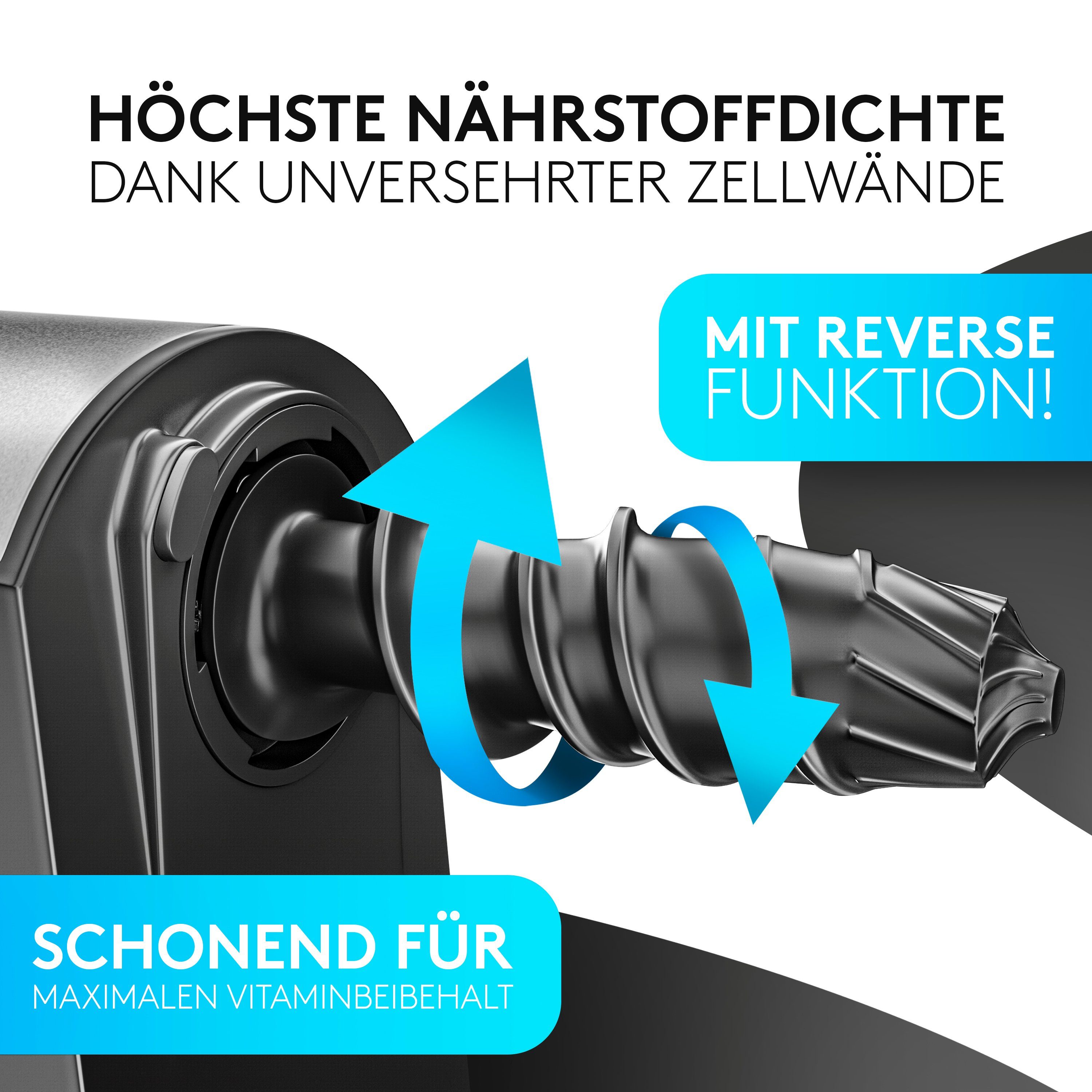 Vandenberg Slow Juicer - Entsafter für Obst & Gemüse, 150,00 W, Obstentsafter mit Umkehr Funktion Inkl. Reinigungsbürste - BPA Frei