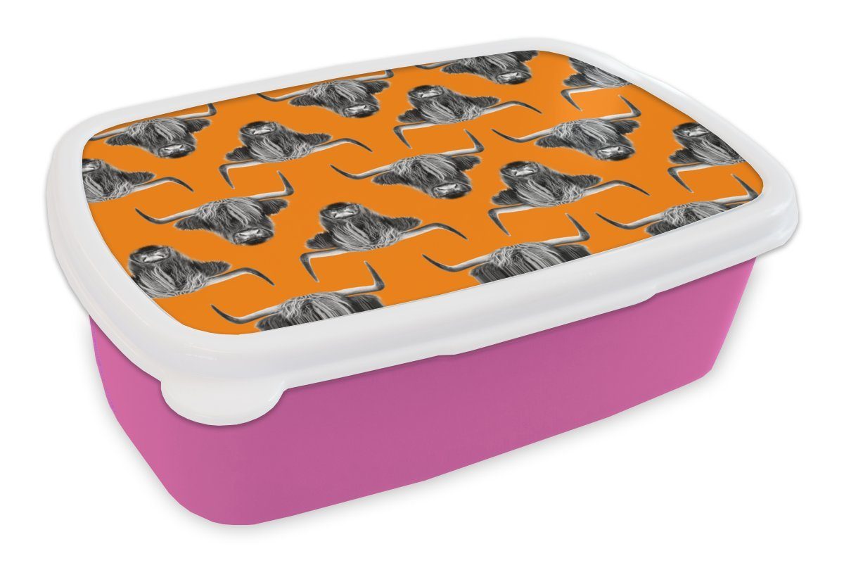 MuchoWow Lunchbox Schottischer Highlander - Muster - Orange, Kunststoff, (2-tlg), Brotbox für Erwachsene, Brotdose Kinder, Snackbox, Mädchen, Kunststoff rosa