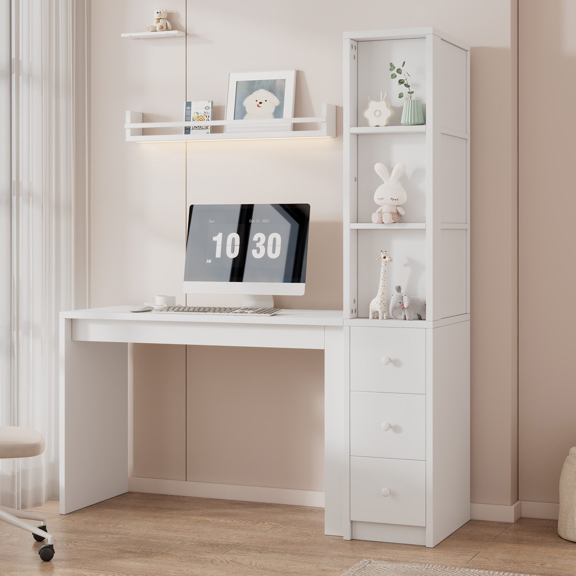 Ulife Arbeitstisch mit Schubladen und Seitenaufbewahrung, Weiß, 150x50x180 cm (1-St), Platzsparendes Design, Kombinierte Funktionalität