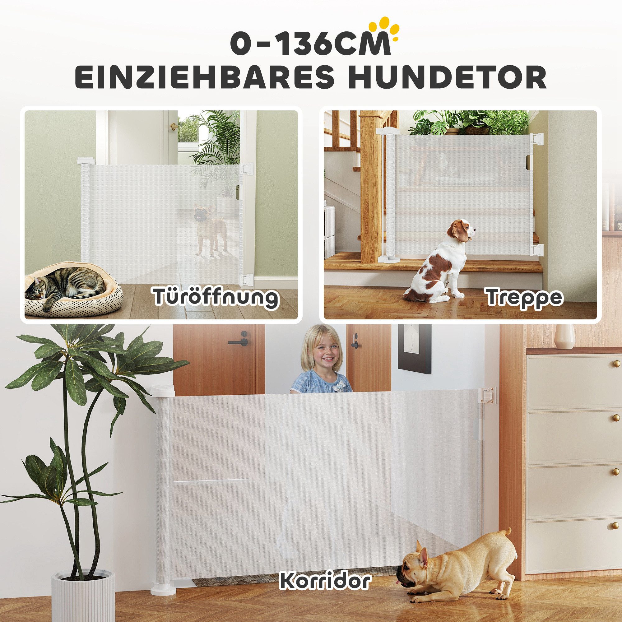 PawHut Hundegitter Türschutzgitter Treppenschutzrollo 0-136cm 87 cm Hoch (Treppenschutzgitter, 1 St., Einziehbares Sicherheitsgitter), für Haustiere, Geeignet f – Bild 4 von 5
