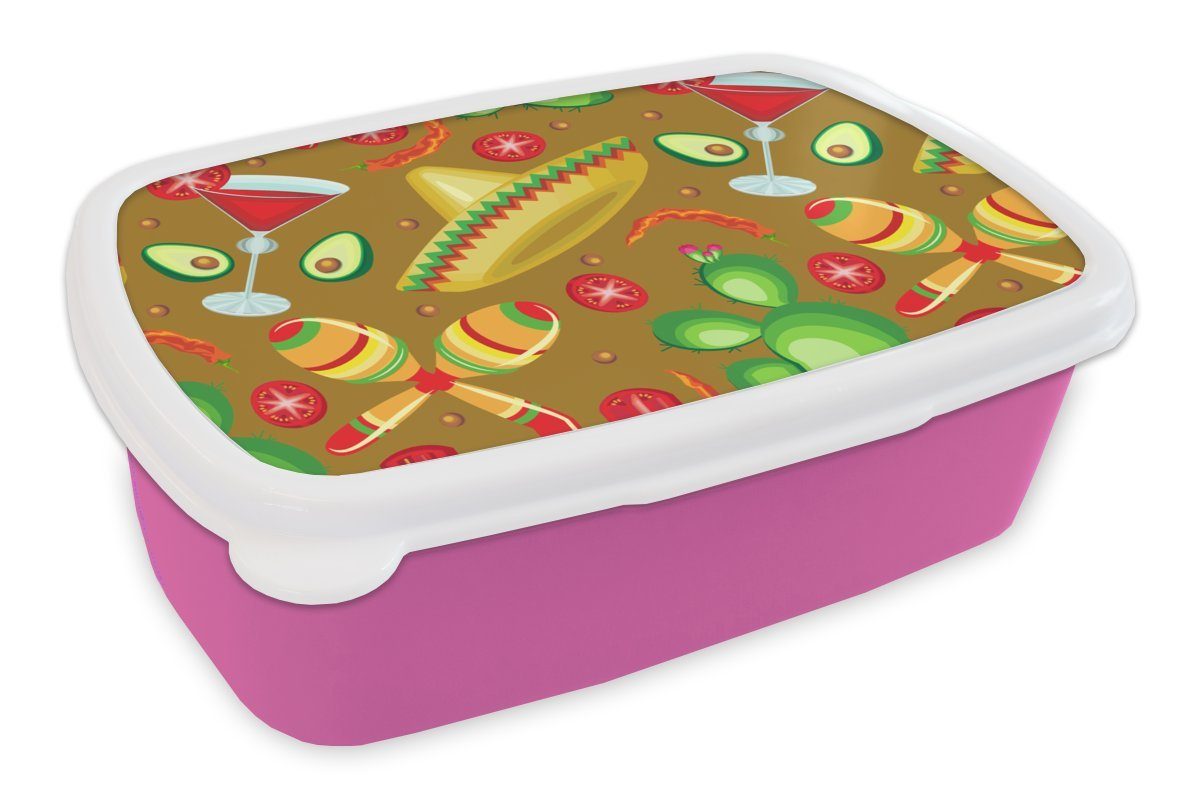 MuchoWow Lunchbox Mexiko - Sombrero - Muster, Kunststoff, (2-tlg), Brotbox für Erwachsene, Brotdose Kinder, Snackbox, Mädchen, Kunststoff rosa