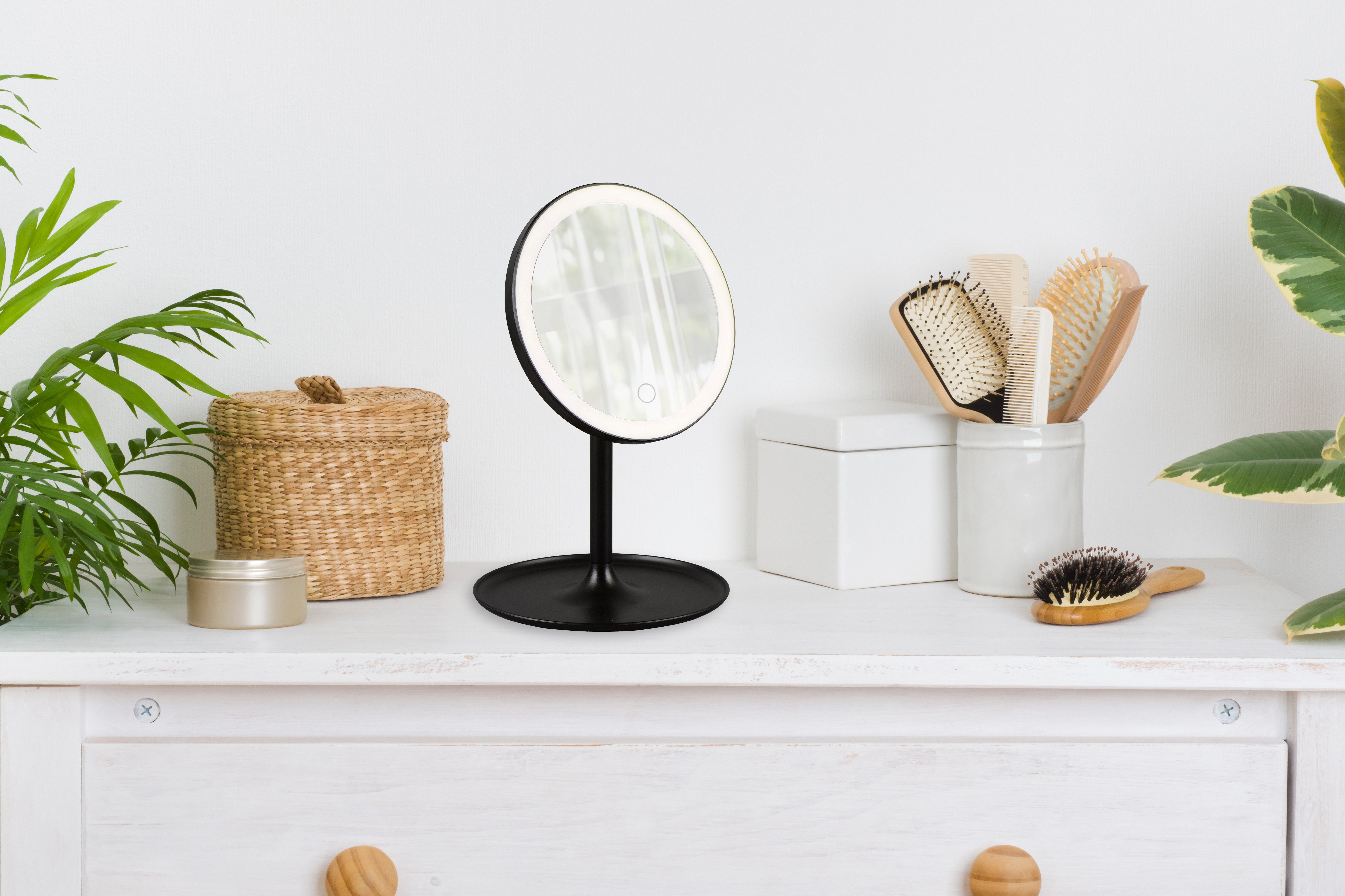 furnling Schminkspiegel Liliana, mit dimmbarer LED-Beleuchtung, kabellos, integrierte Ablage, schwarz