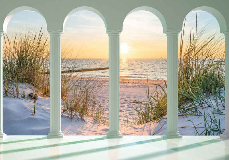 Wallarena Fototapete 3D EFFEKT Strand Terrasse Sand Meer Panorama Natur Landschaft Fenster Vlies Tapete für Wohnzimmer oder Schlafzimmer Vliestapete Wandtapete Motivtapete, Glatt, 3D-Optik, Vliestapete inklusive Kleister